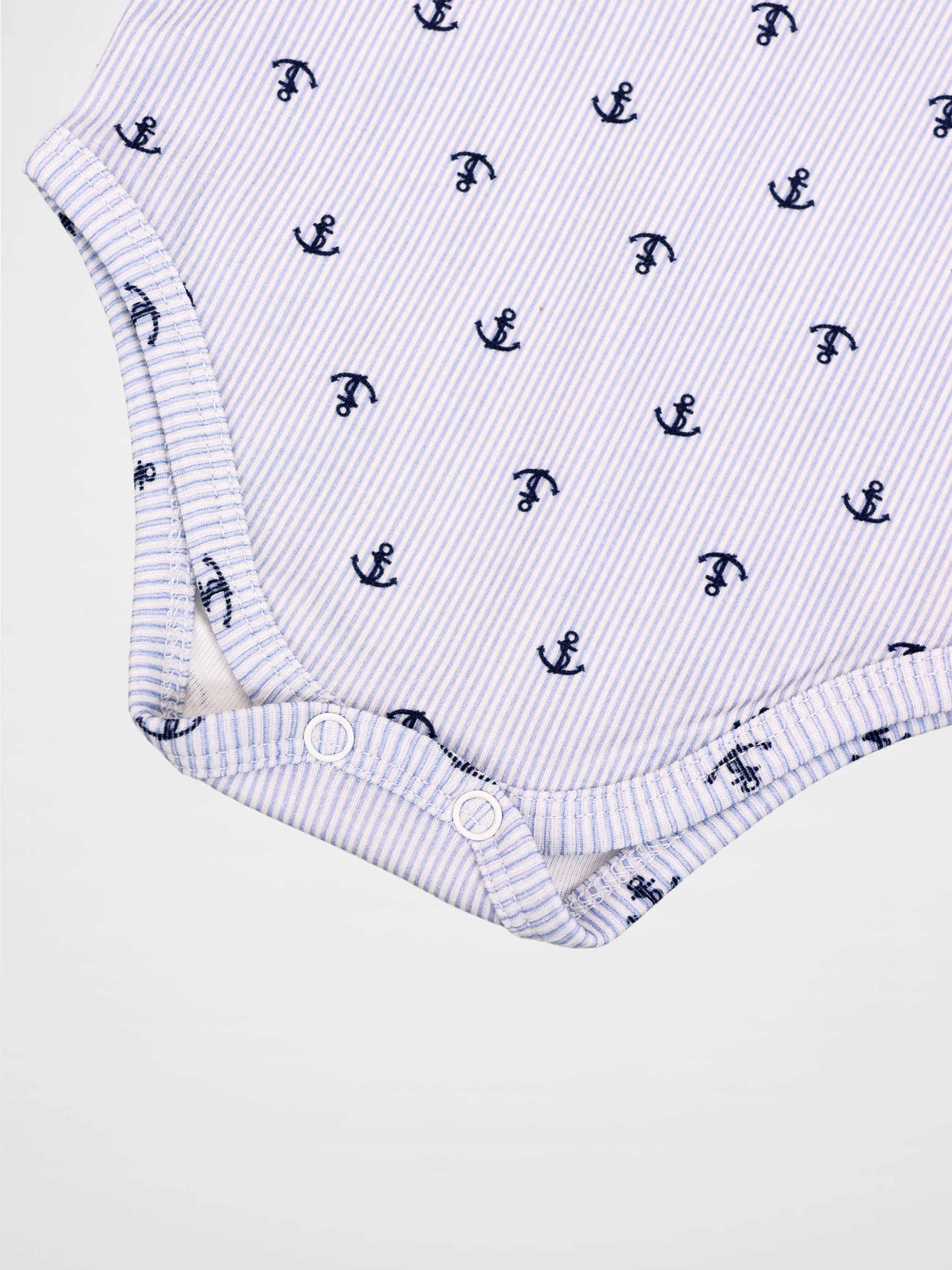 Adee Anchor Set - Blue baby onesie with navy anchor pattern on light-blue stripes; snap buttons