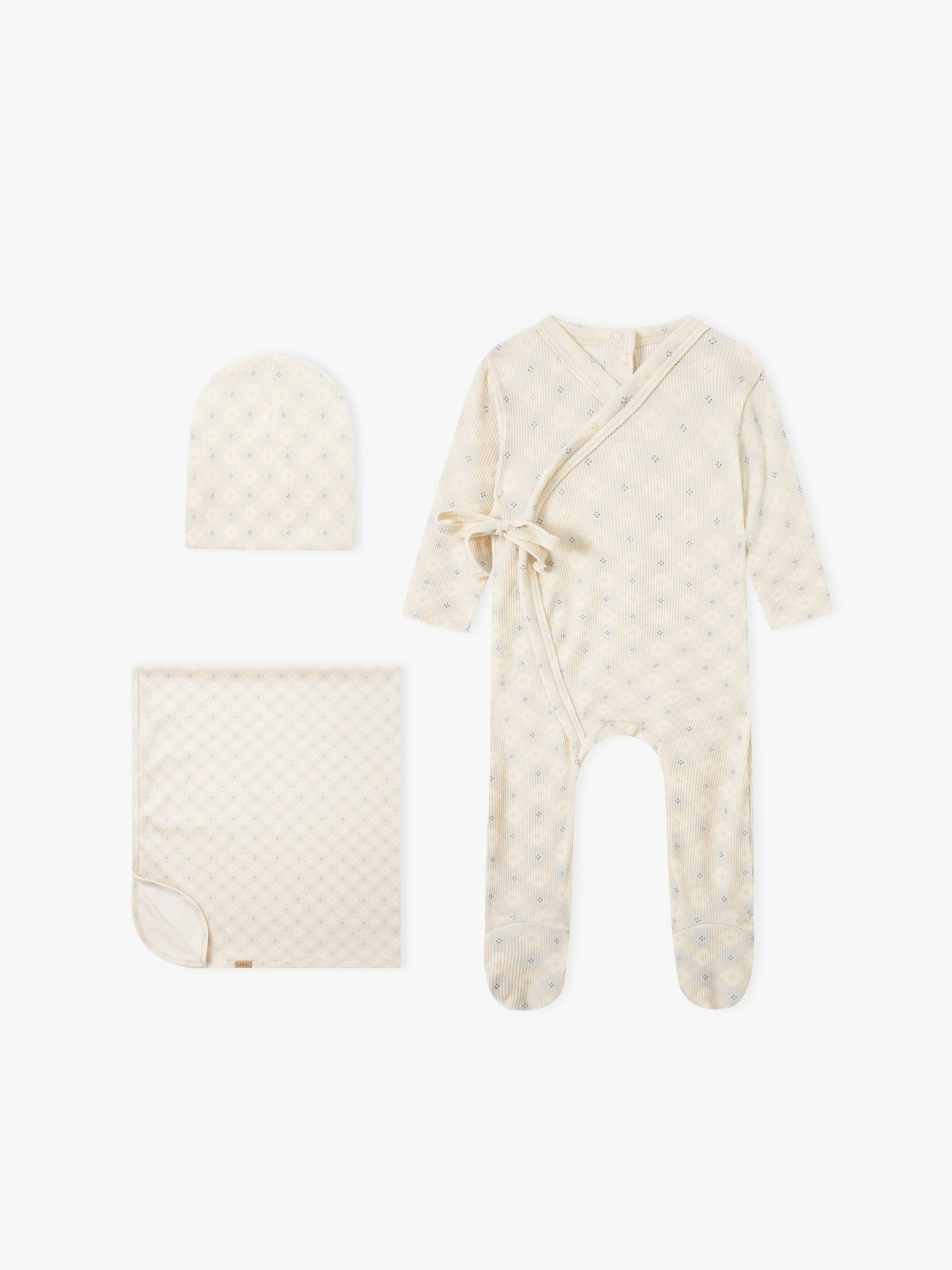 Adee Little Button Blue baby layette set for boys; three-piece cream dotted robe with belt, hat and blanket