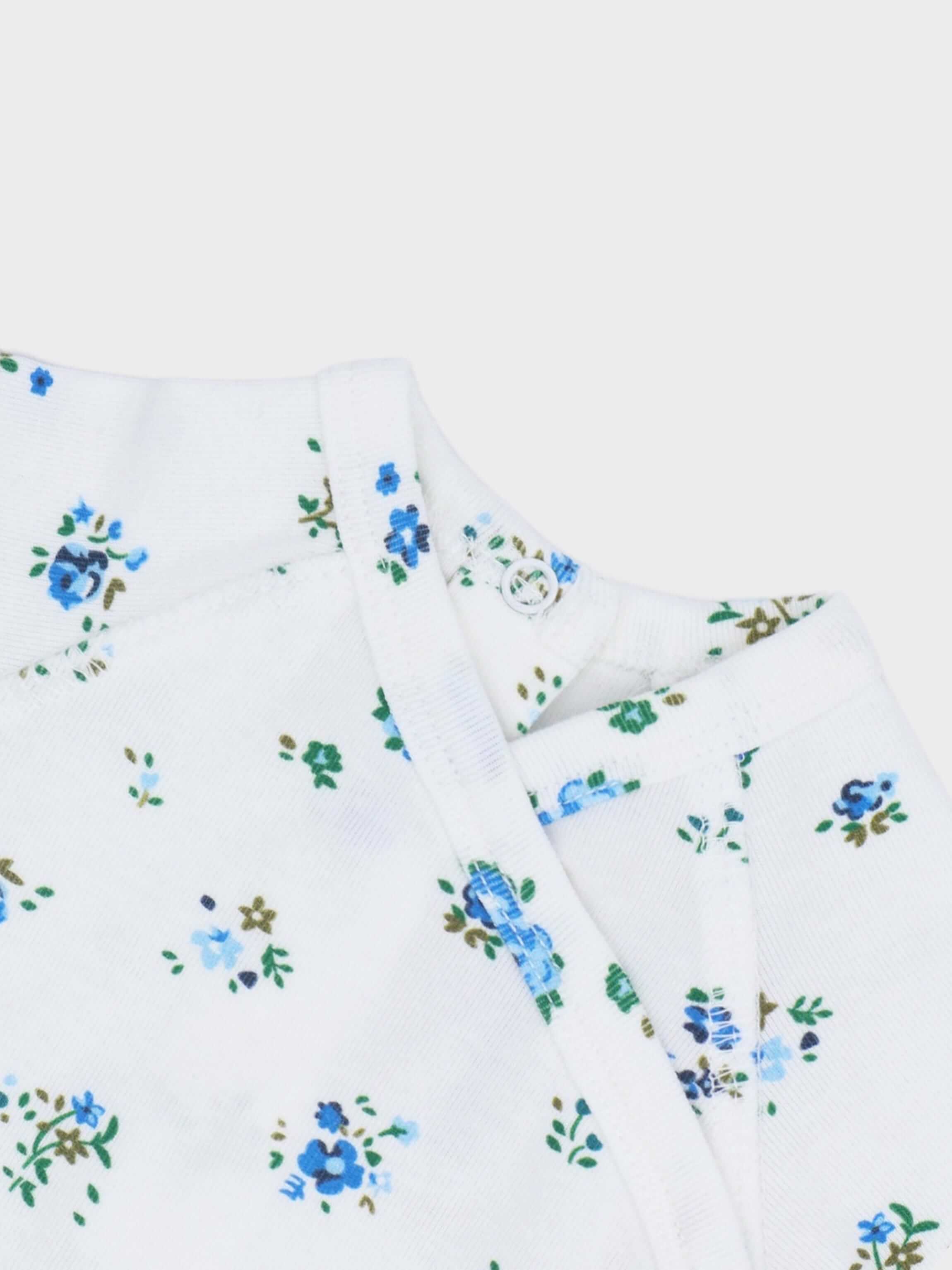 Blue floral baby jumpsuit collar detail