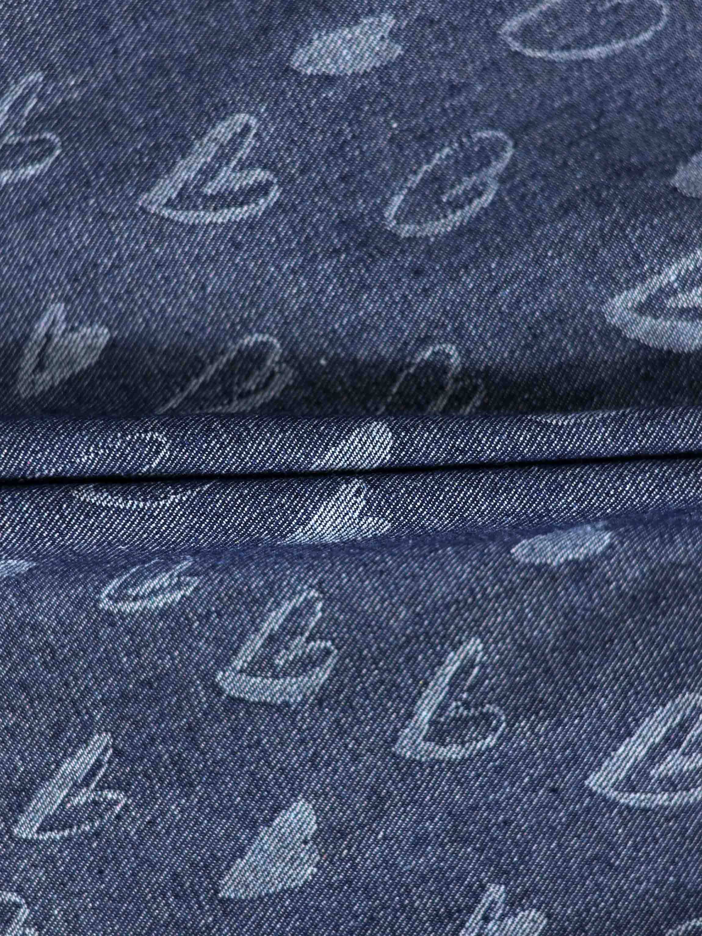 Denim Heart Romper fabric by Adee; blue denim with white heart prints