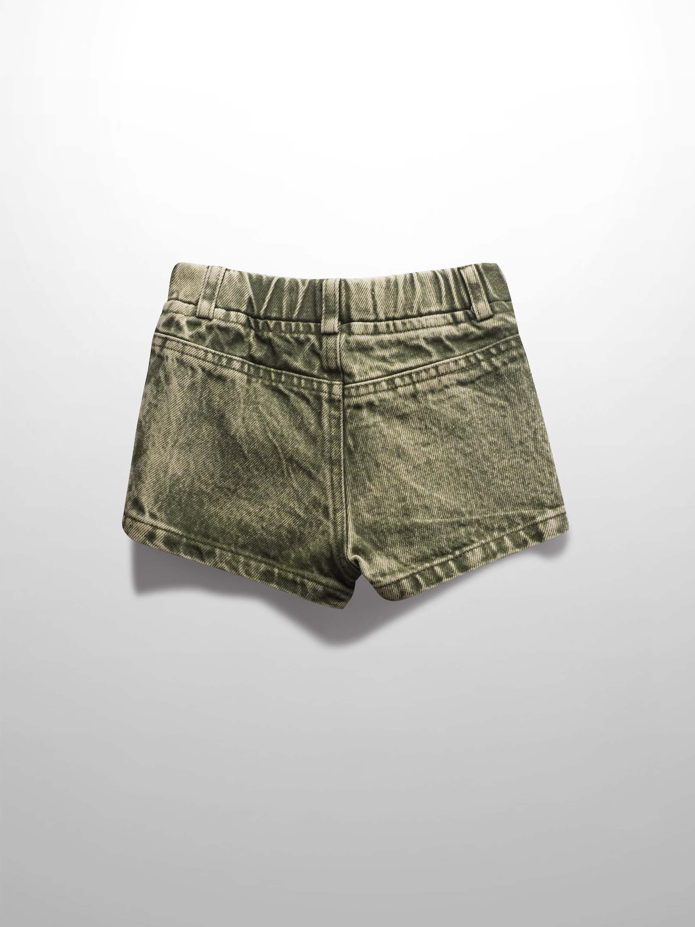 Back view of washed green denim shorts