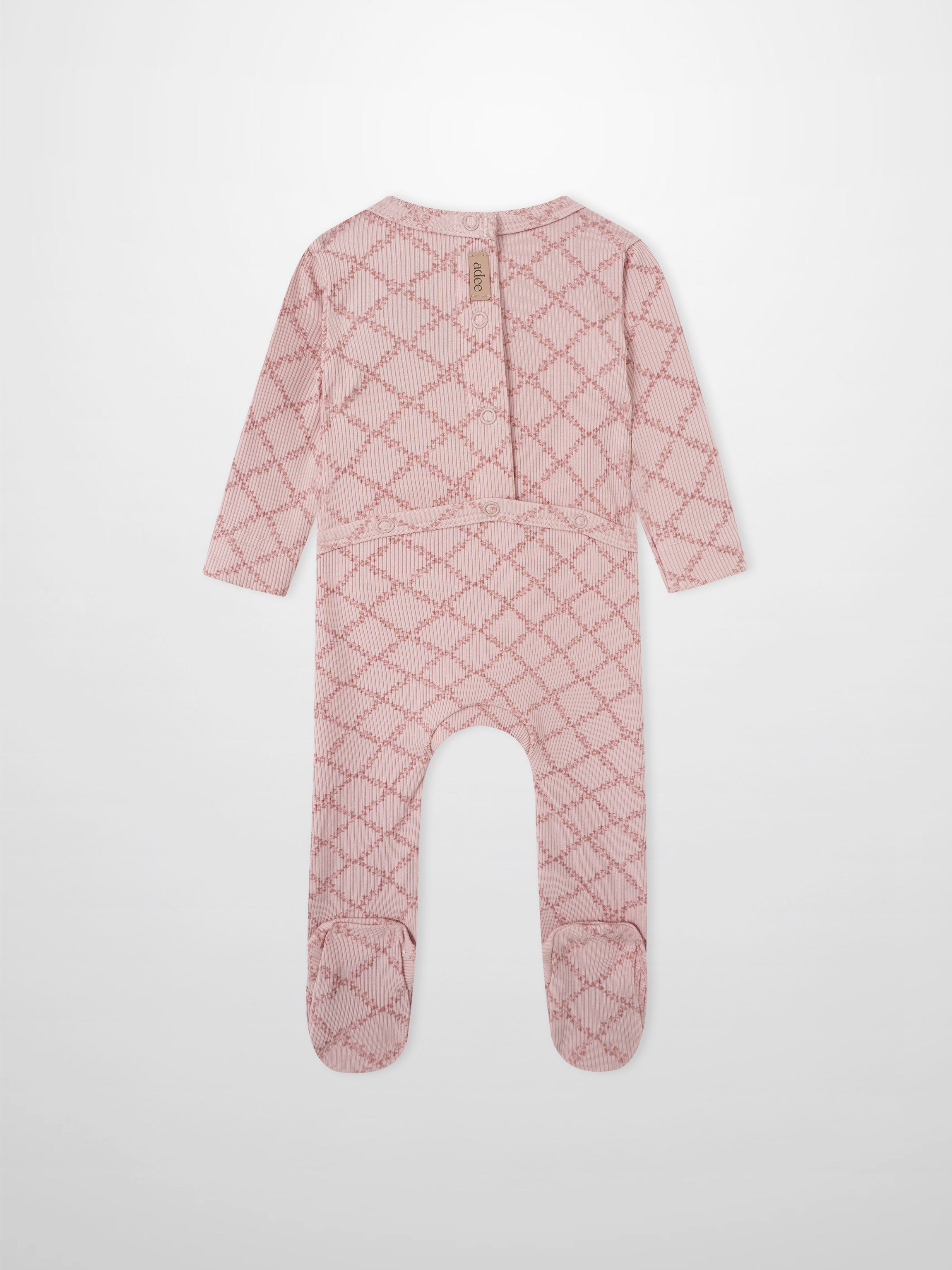 Pink Leaf Stretchy; Adee girls stretchies in pink with lattice leaf pattern, footed one-piece.