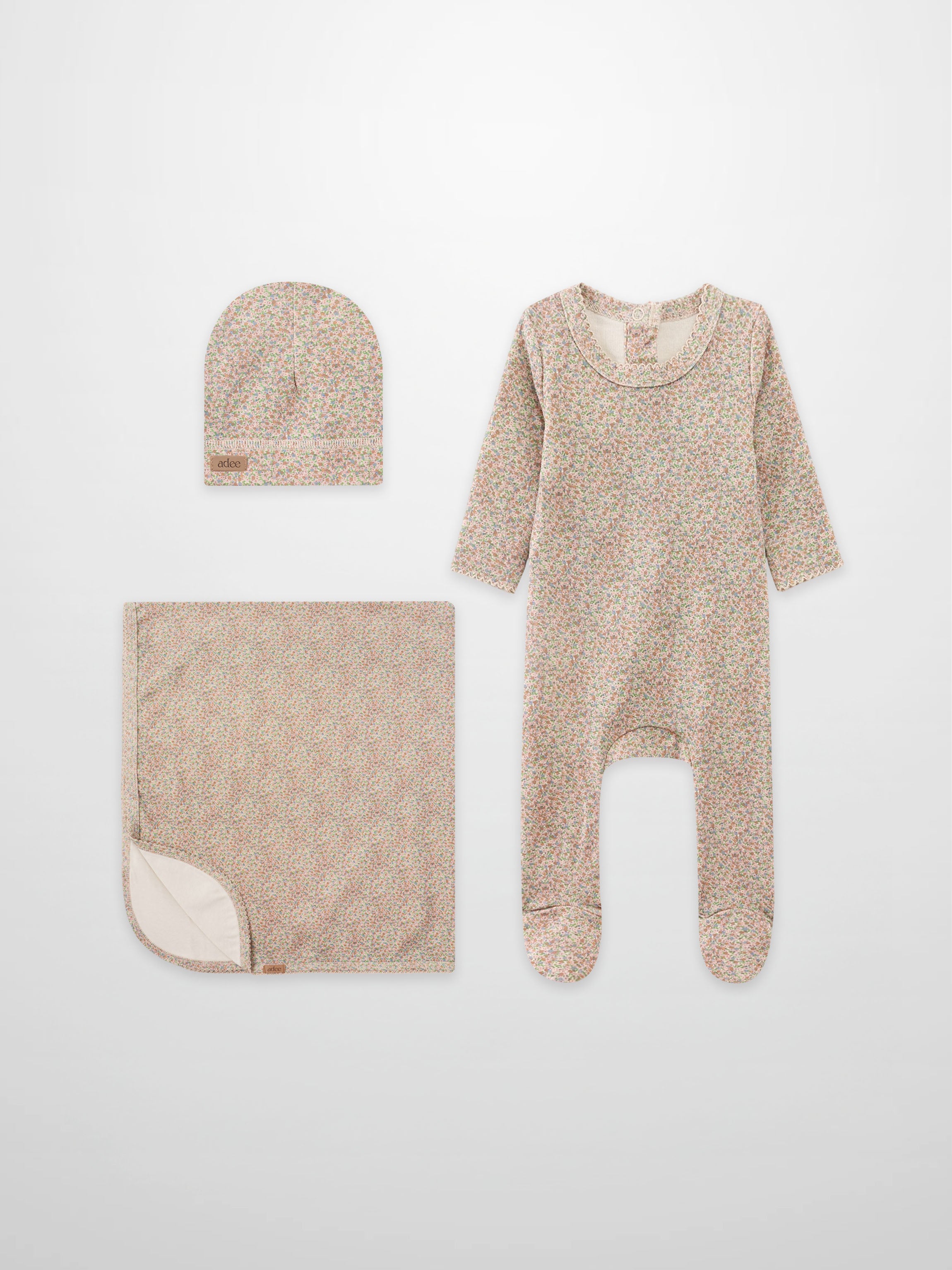 Pastel Petal layette set for girls by Adee, floral print romper, hat and matching blanket