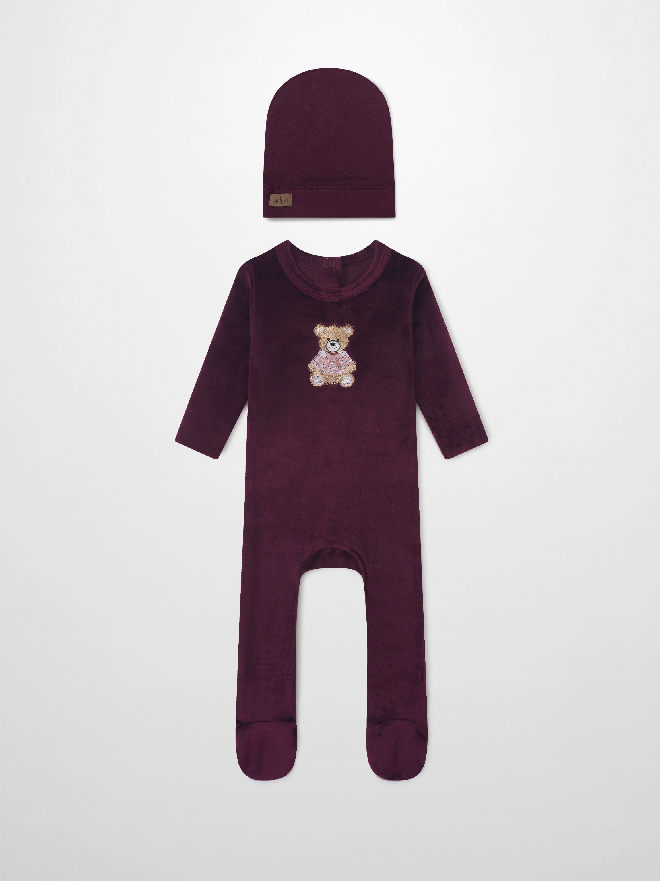 Embroidered Bear Burgundy Layette Set from Adee; burgundy beanie and matching footed onesie with bear embroidery.