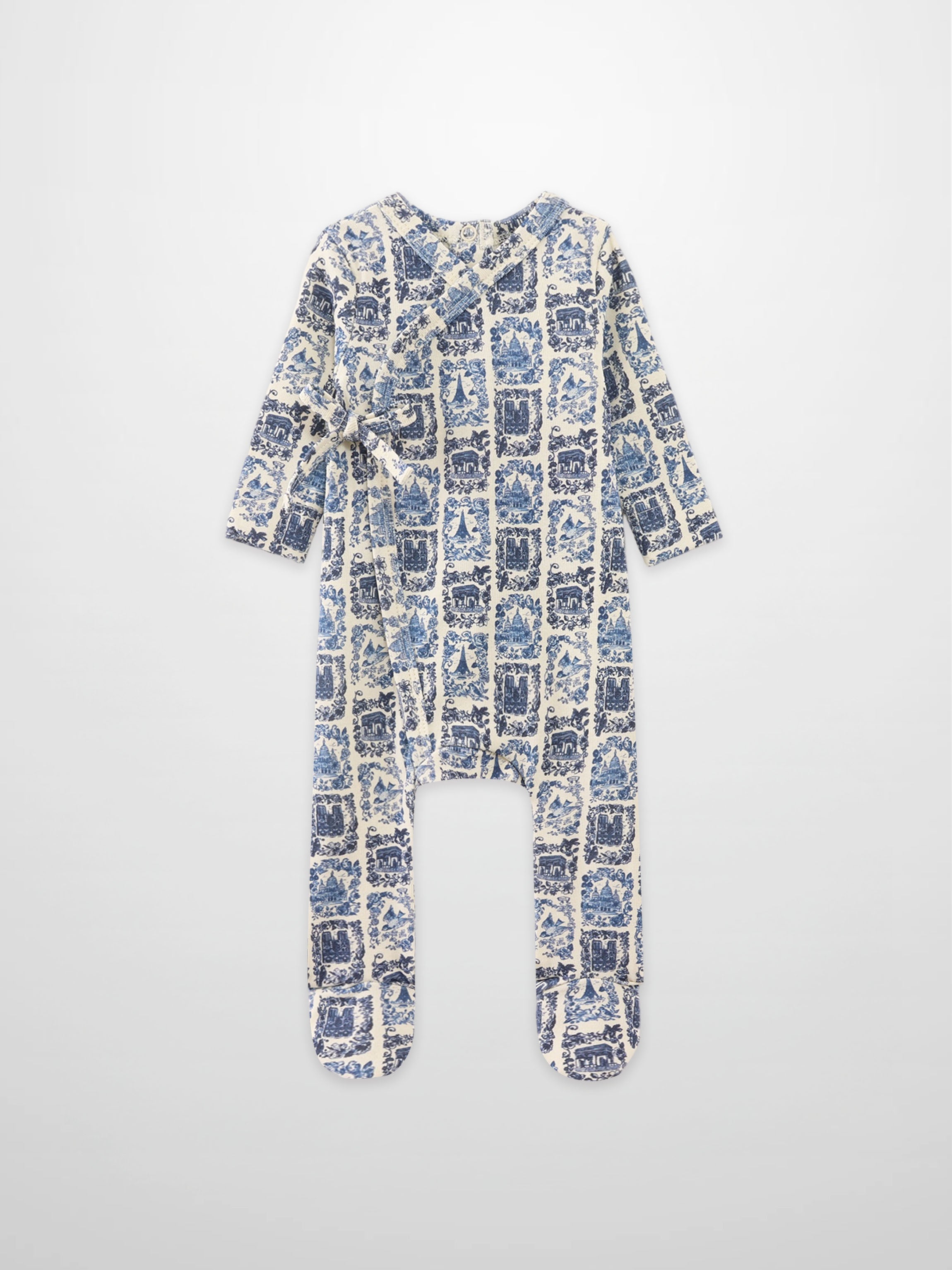 Blue Landmark Stretchy boys stretchies by Adee, footed romper with blue toile print