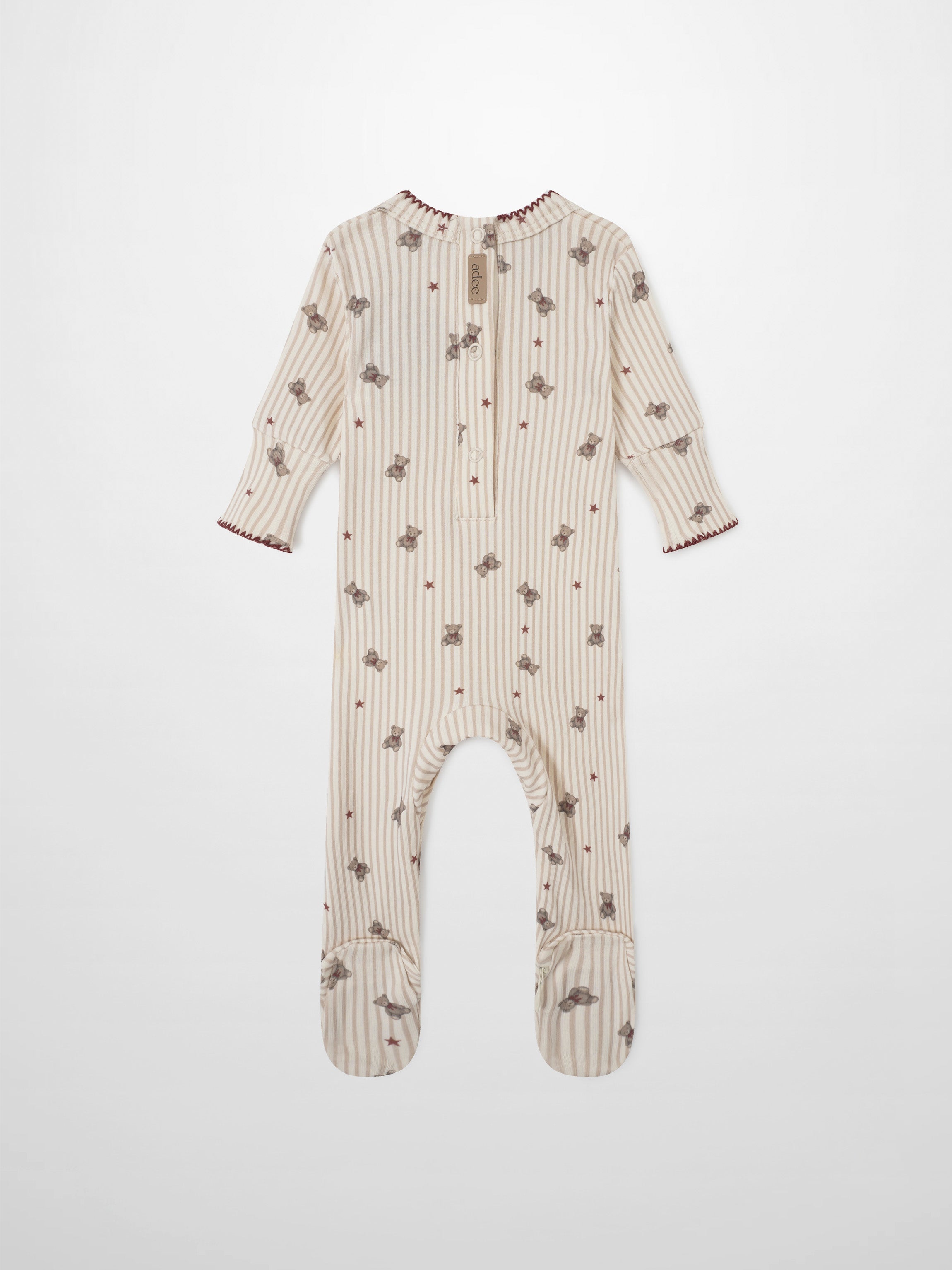 Girls Stretchies by Adee: Striped Bear Stretchy onesie in beige stripes with bear prints and red stars, footed