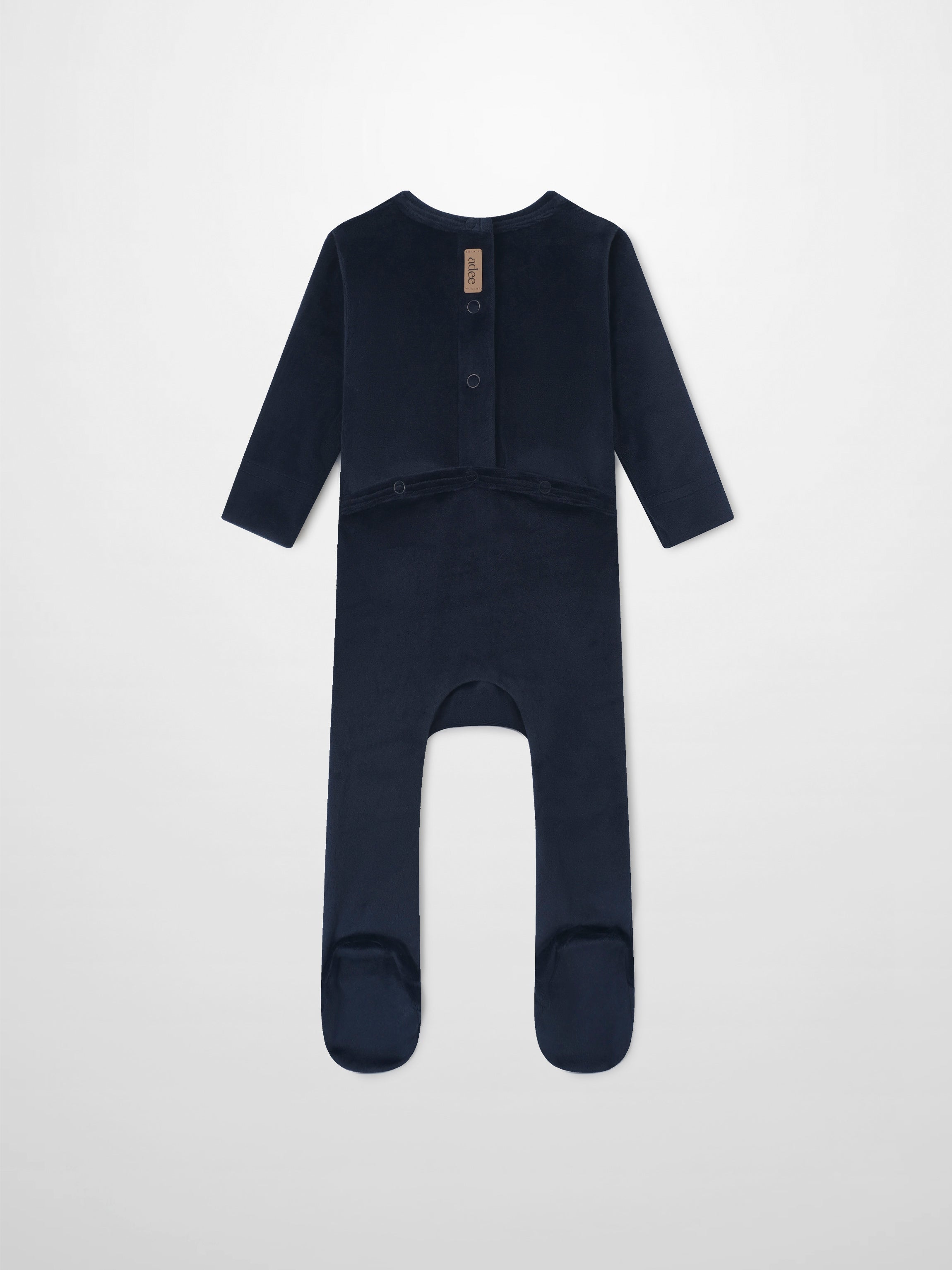 Embroidered Bear Navy layette set by Adee; navy baby romper with long sleeves and snap closures