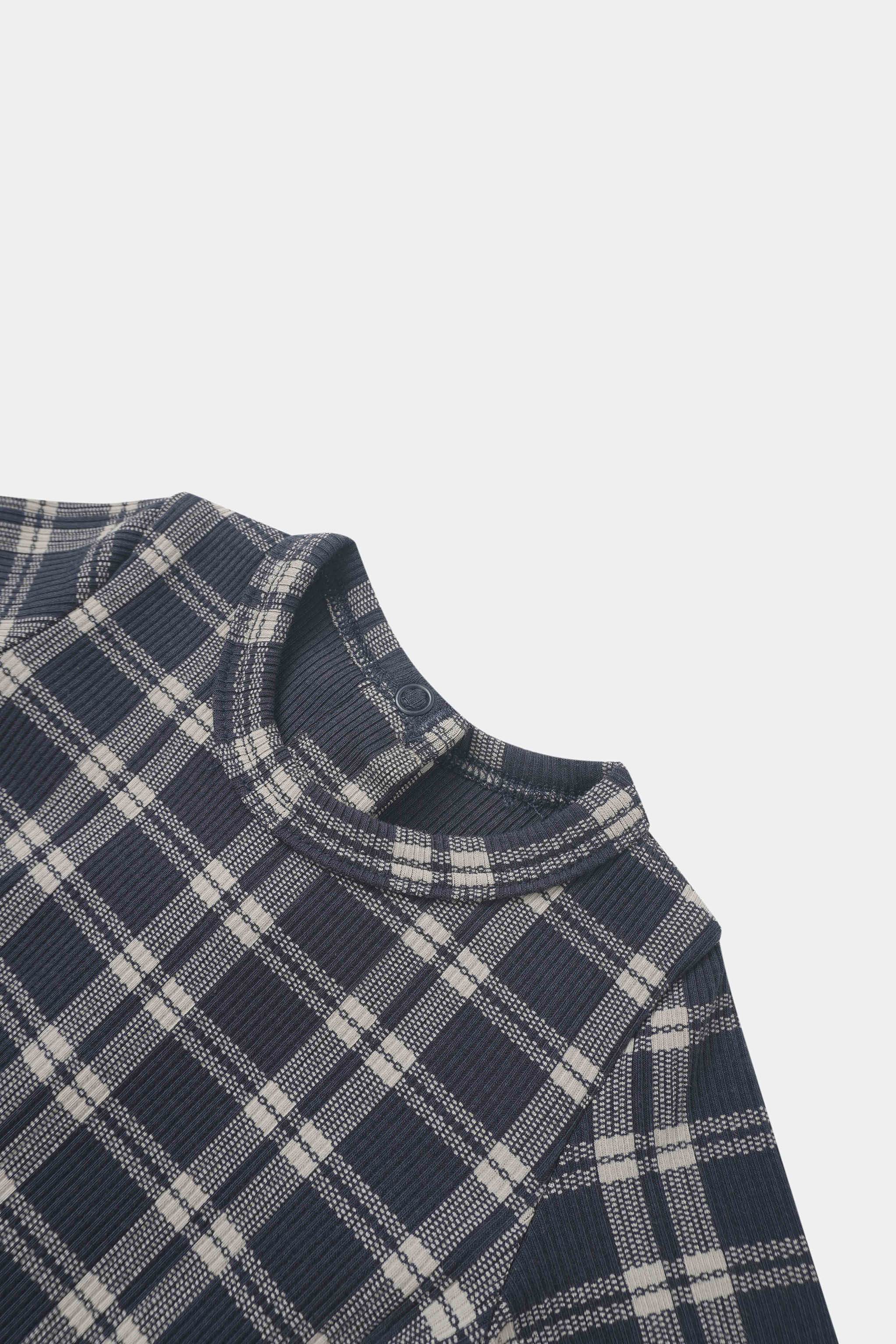 Navy plaid layette set top for boys by Adee, with ribbed collar.