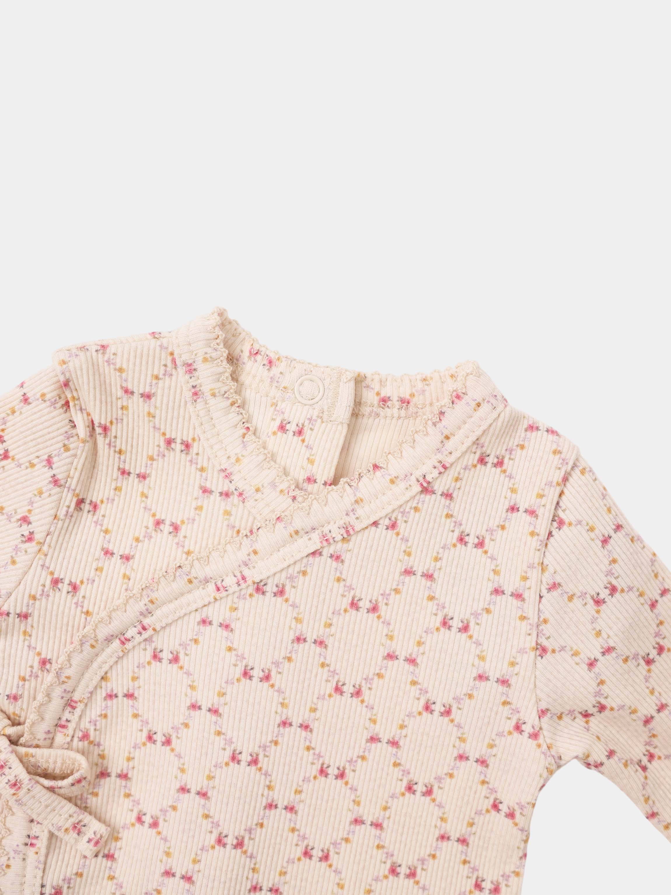 Floral Garland Stretchy girls top by Adee, cream ribbed fabric with pink and yellow floral print