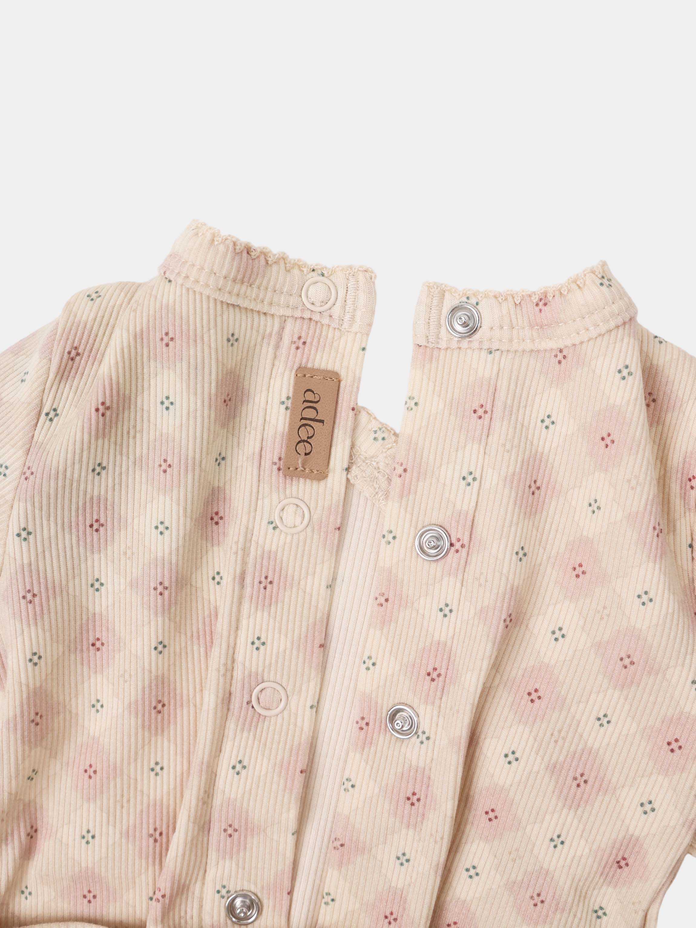Little Button Stretchy Pink girls top by Adee, ribbed knit with tiny floral print and metal snap buttons
