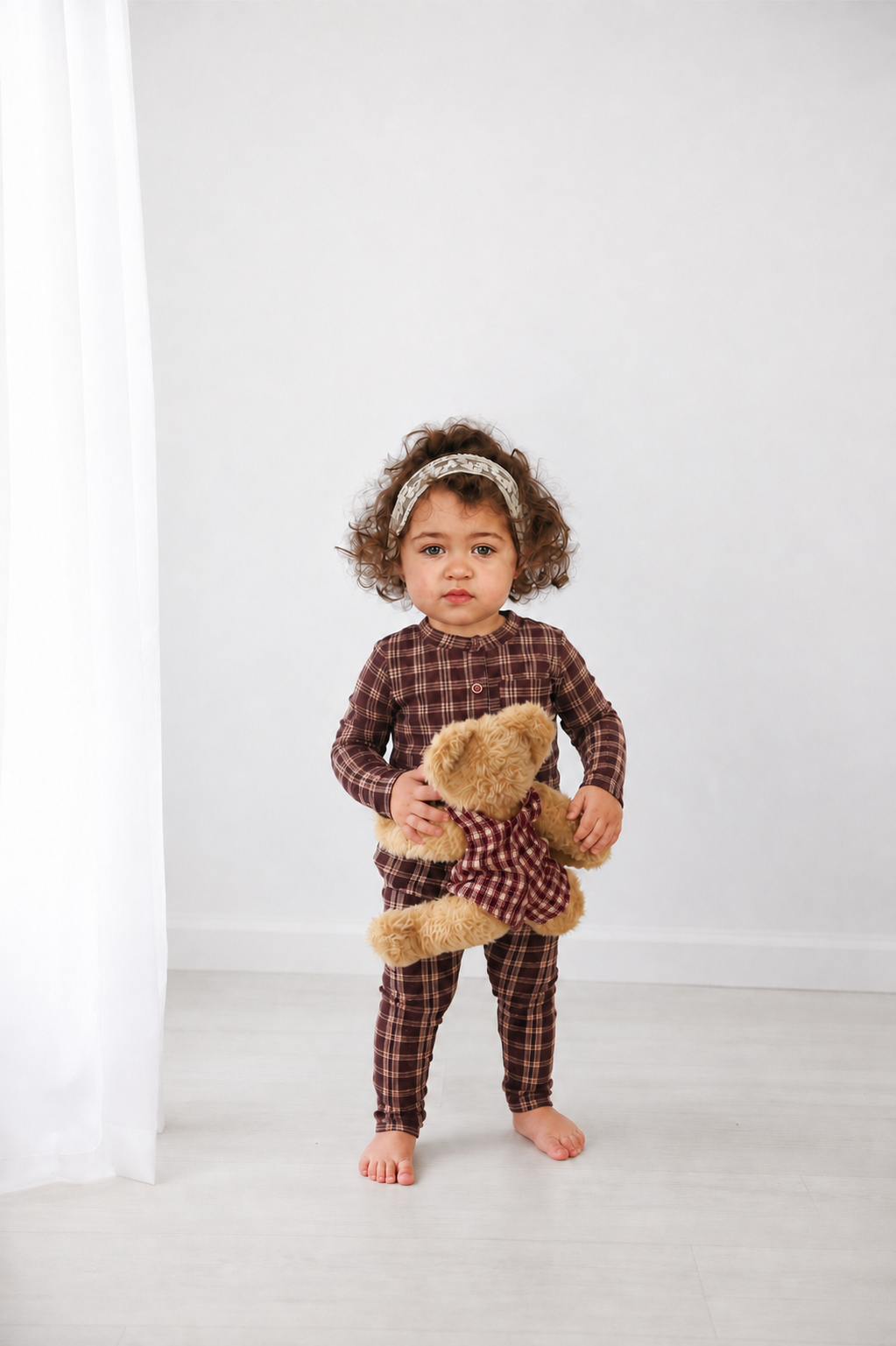 Plaid Pajamas Burgundy for girls by Adee; toddler with teddy bear in matching plaid.
