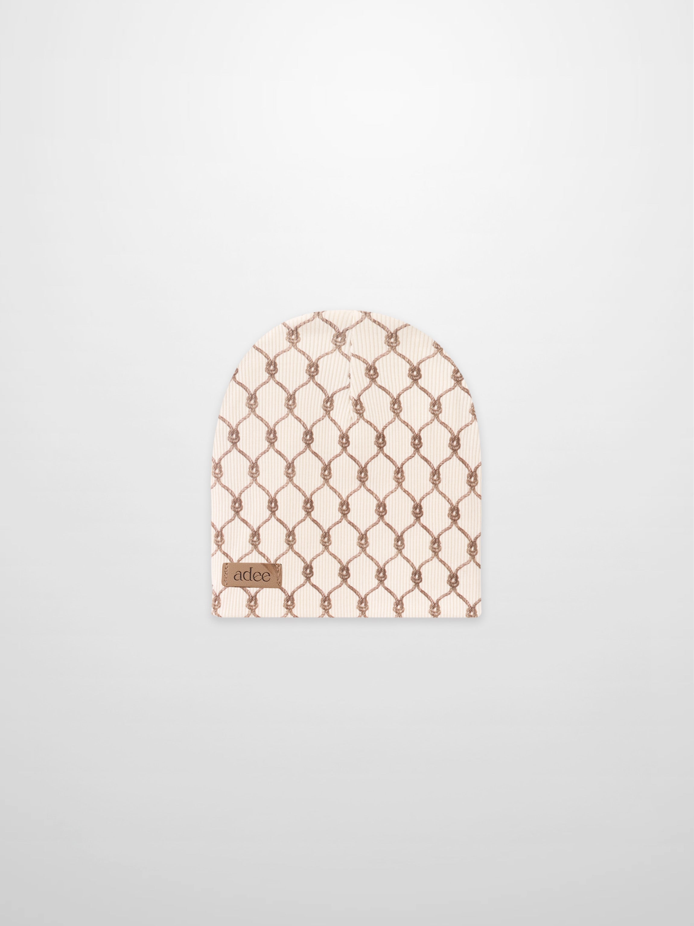 Brown Chain Beanie for boys by Adee, beige knit with brown chain pattern.