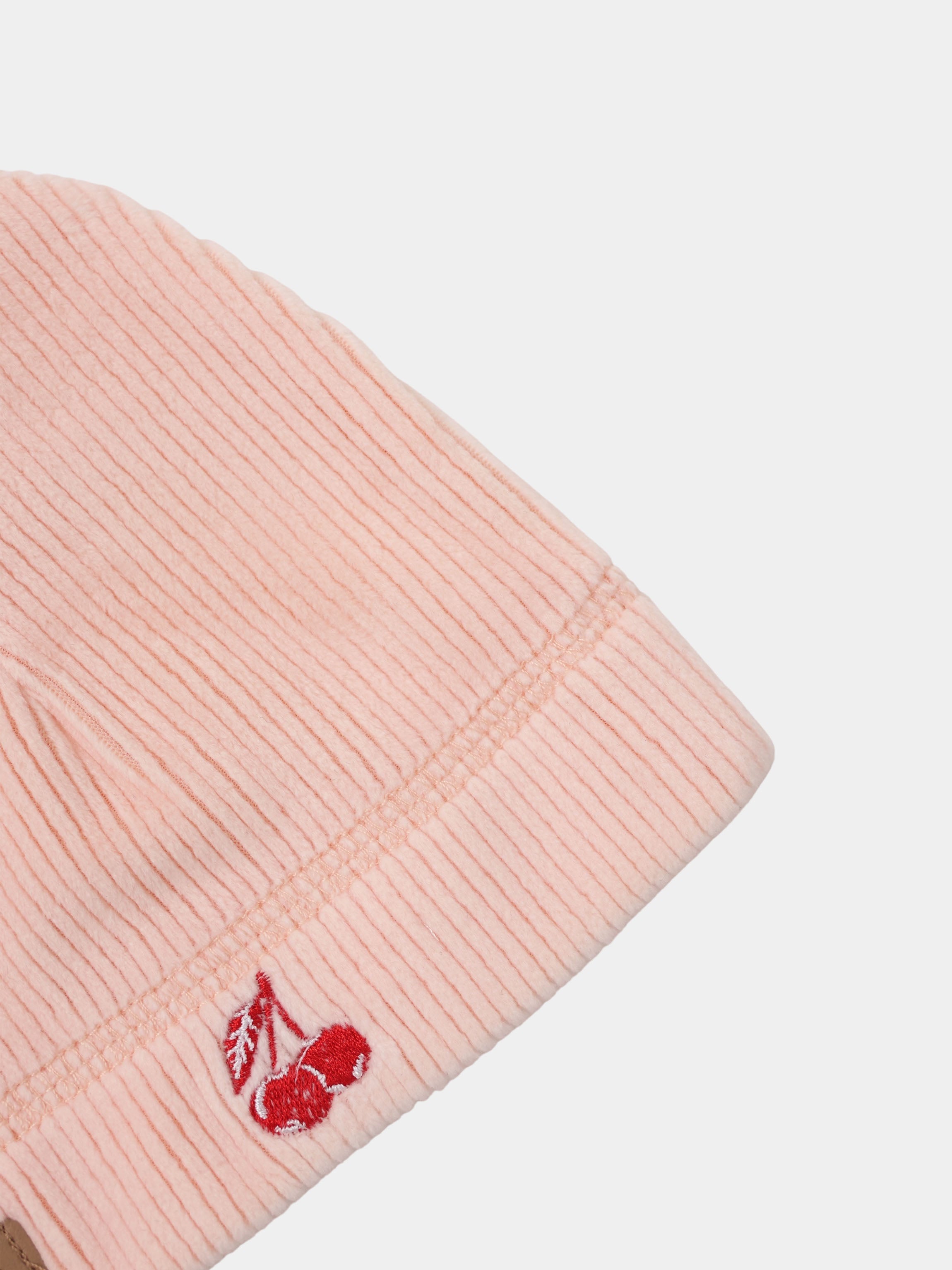 Embroidered Cherry Hat for girls, pink corduroy with red cherry motif.