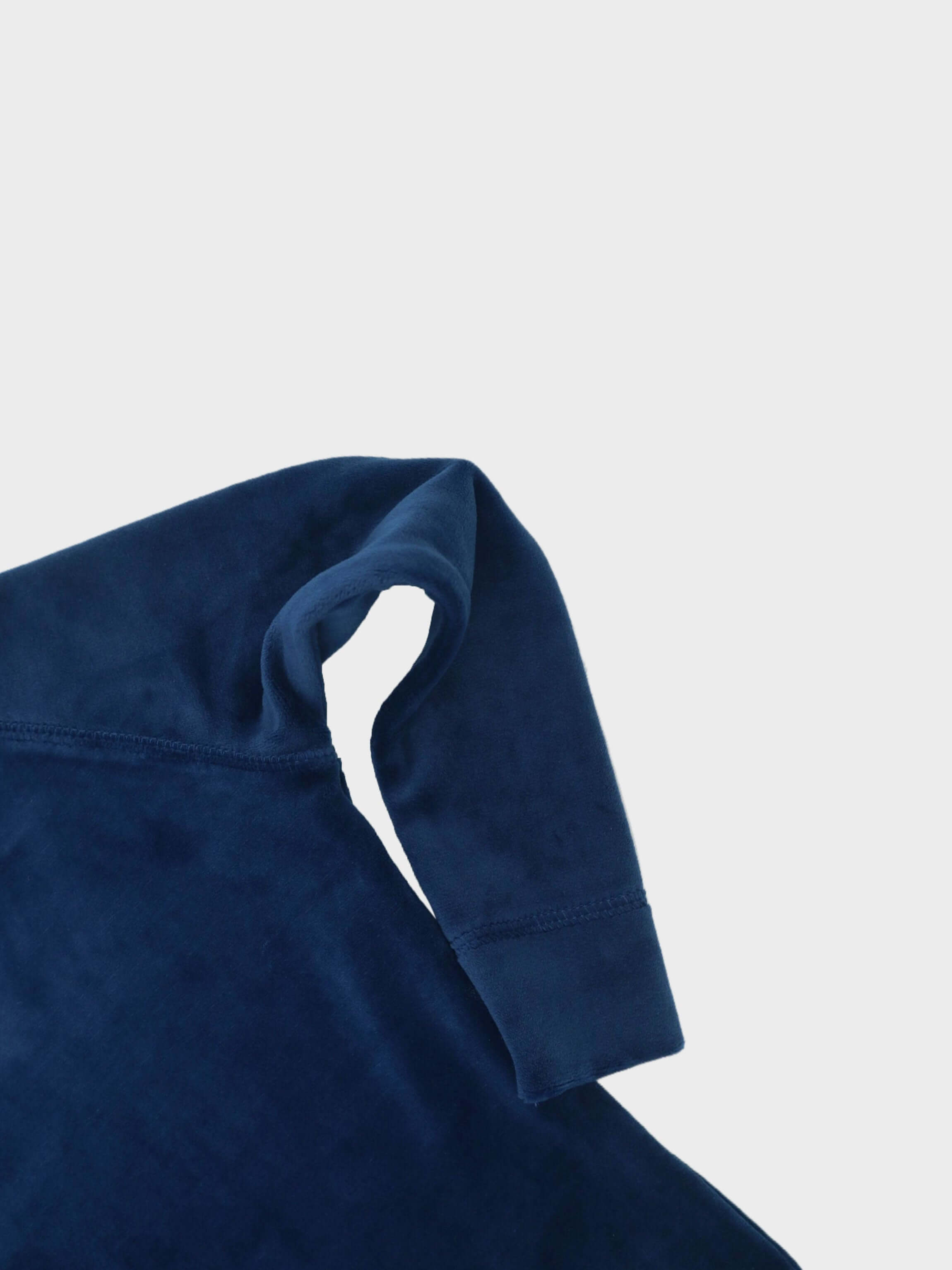 Blue velour pajamas sleeve detail.