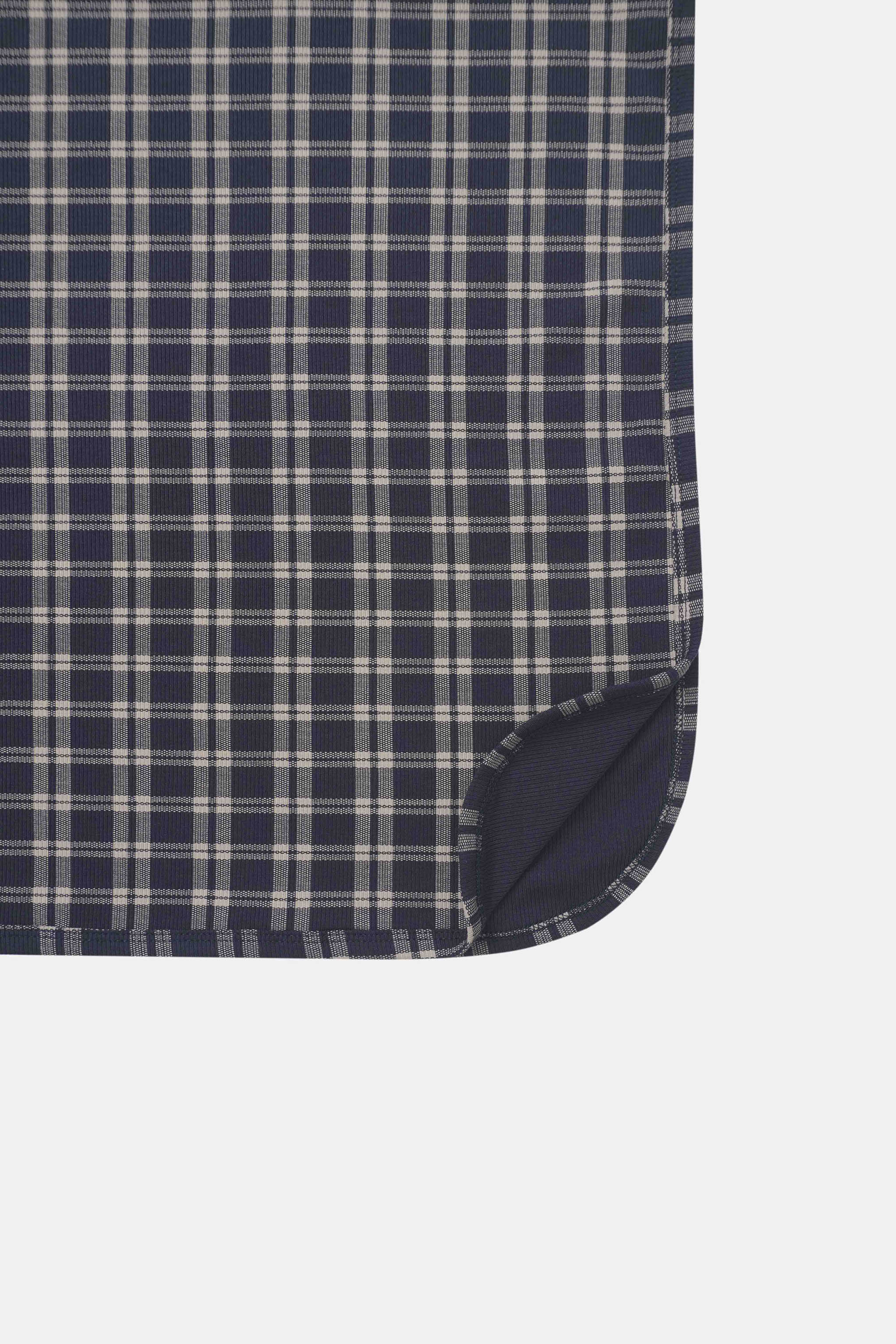 Navy Plaid Layette Set for boys by Adee; navy and white check fabric with curved hem detail
