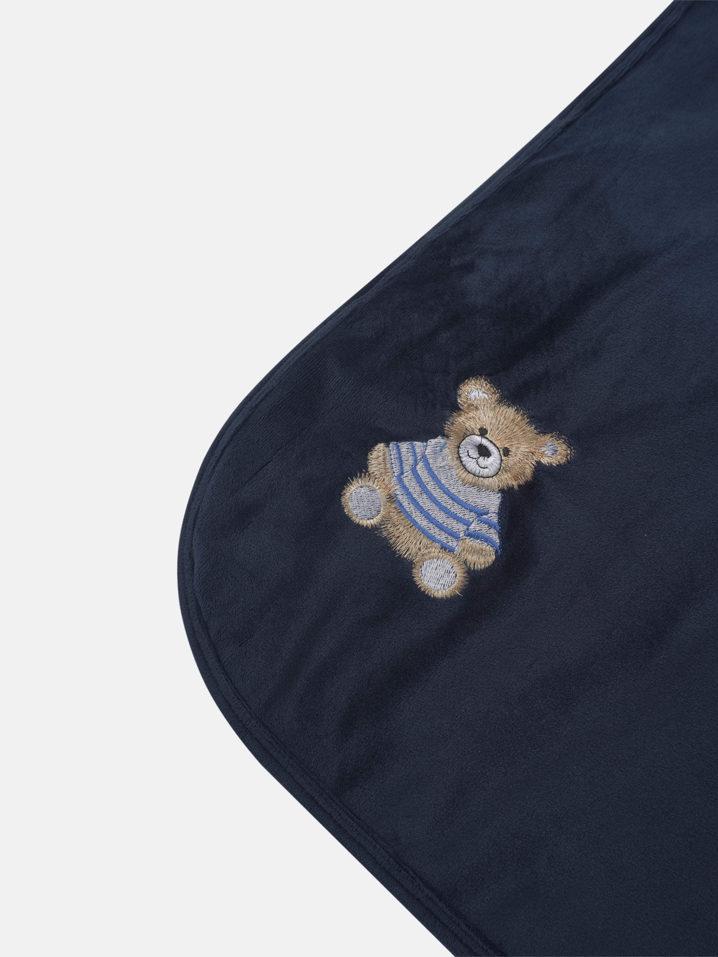 Embroidered Bear Blanket navy for boys swaddle by Adee, plush fabric