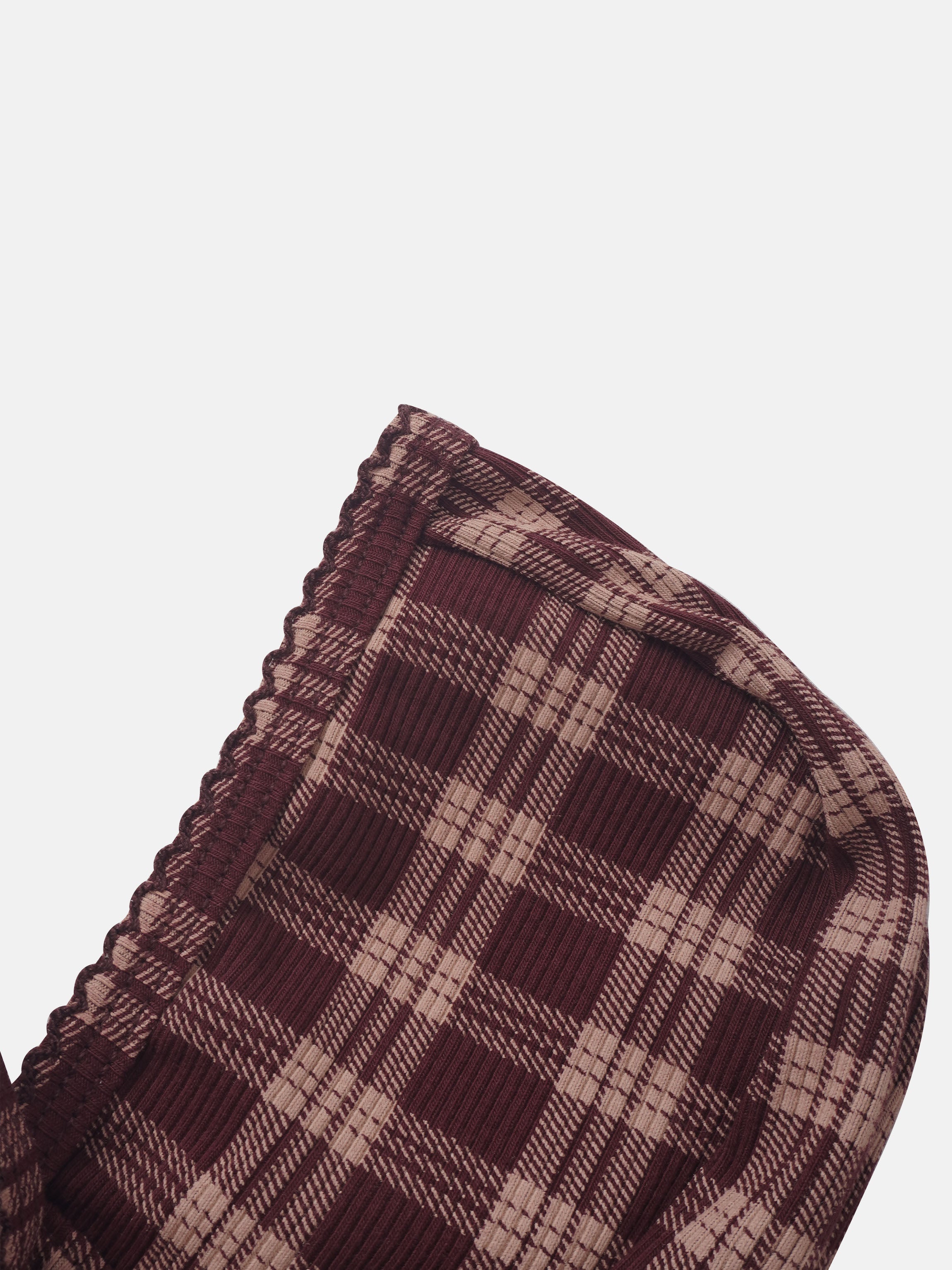 Burgundy plaid bonnet for girls by Adee, with scalloped edge trim