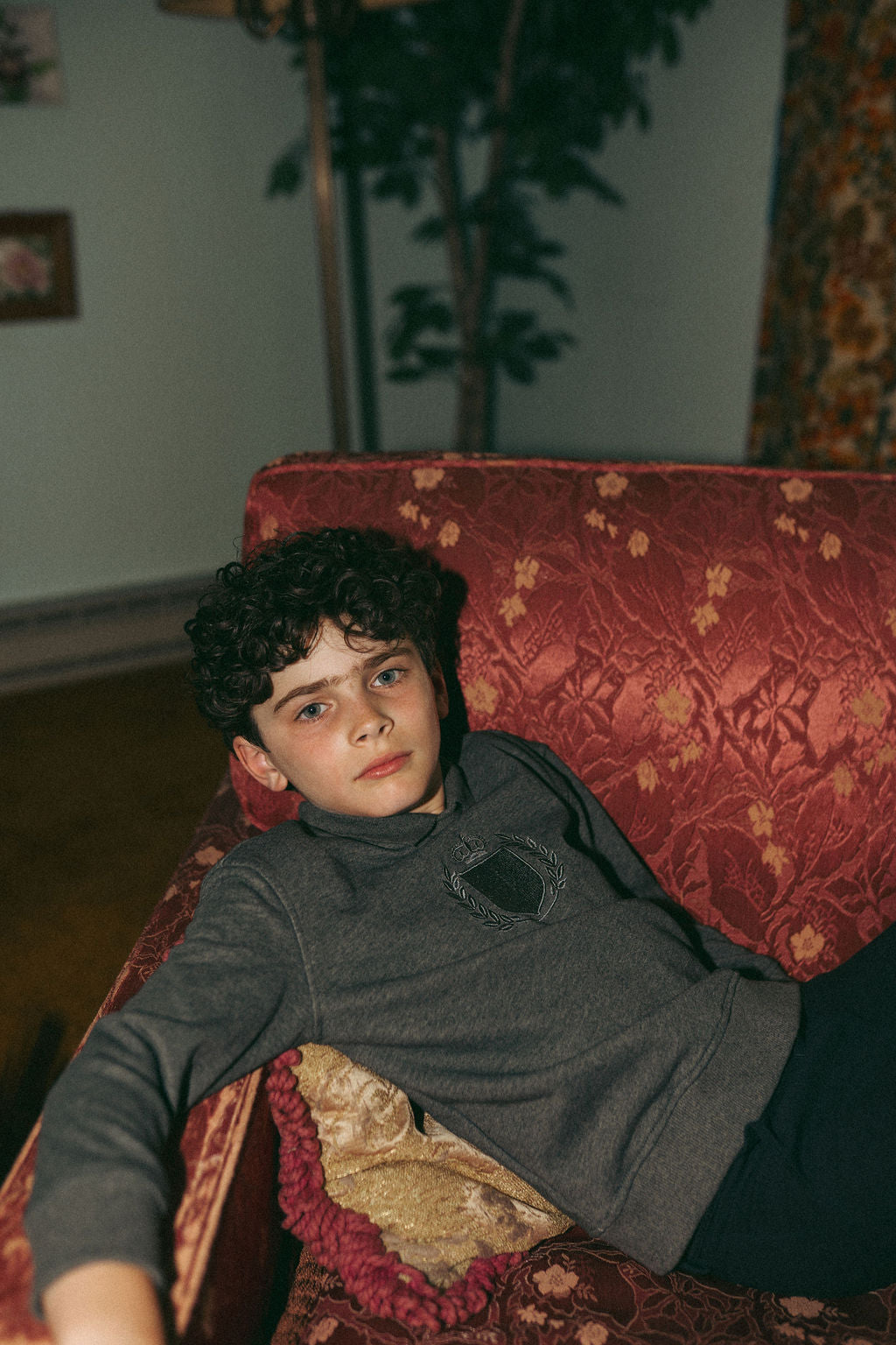 Windsor Sweatshirt by Adee; grey unisex top with crest emblem on chest.