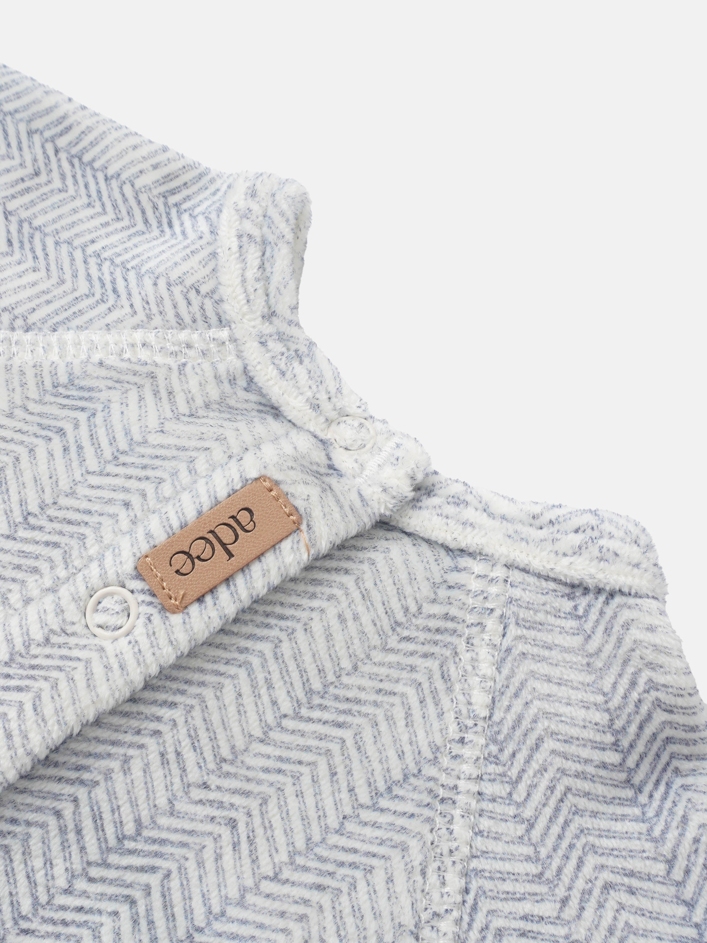 Heritage Herringbone Blue layette set by Adee; soft blue-and-white herringbone knit for baby boys.