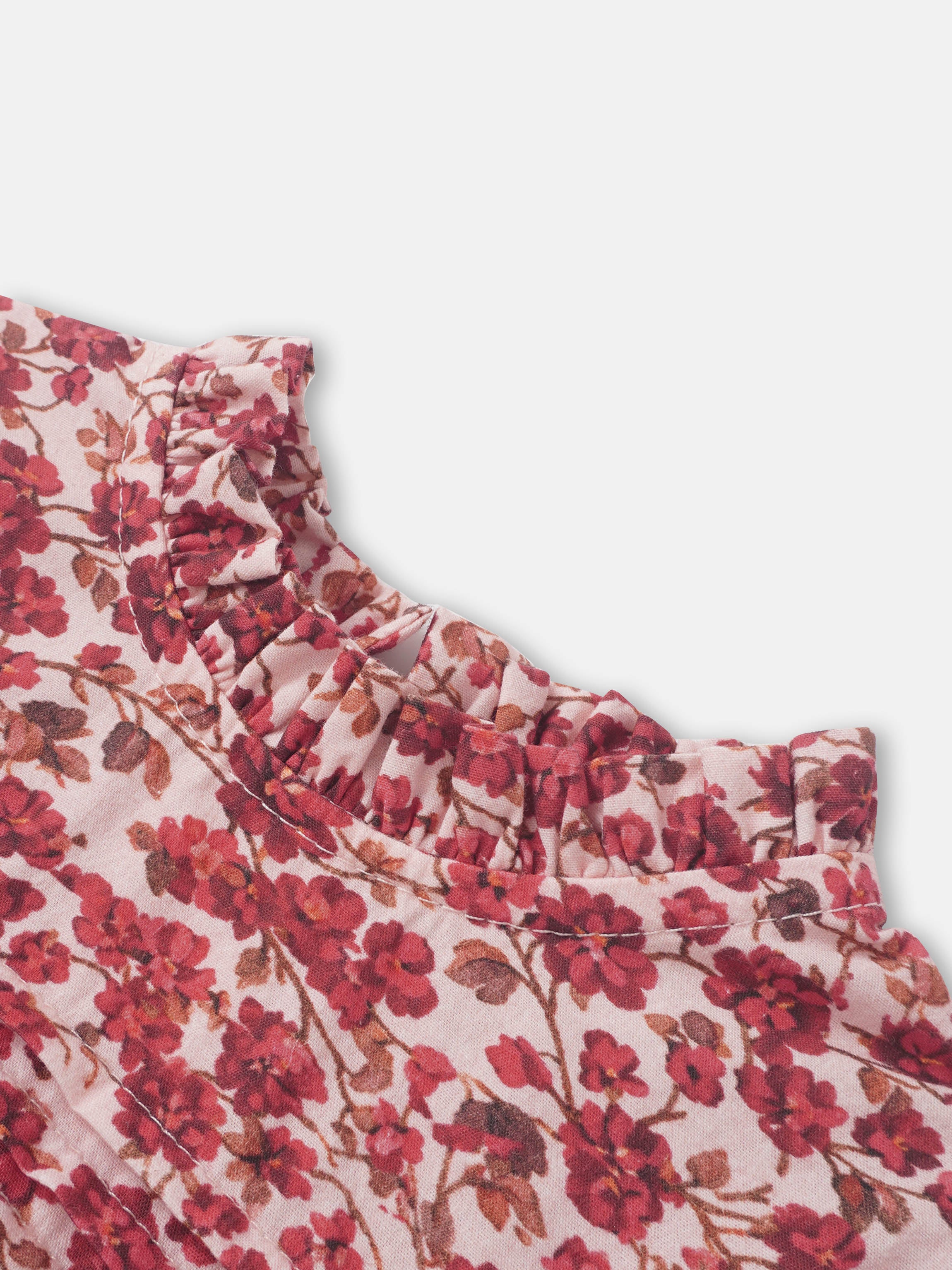 Red Flower Shirt & Bloomers Set for little girls; pink floral fabric with ruffle details