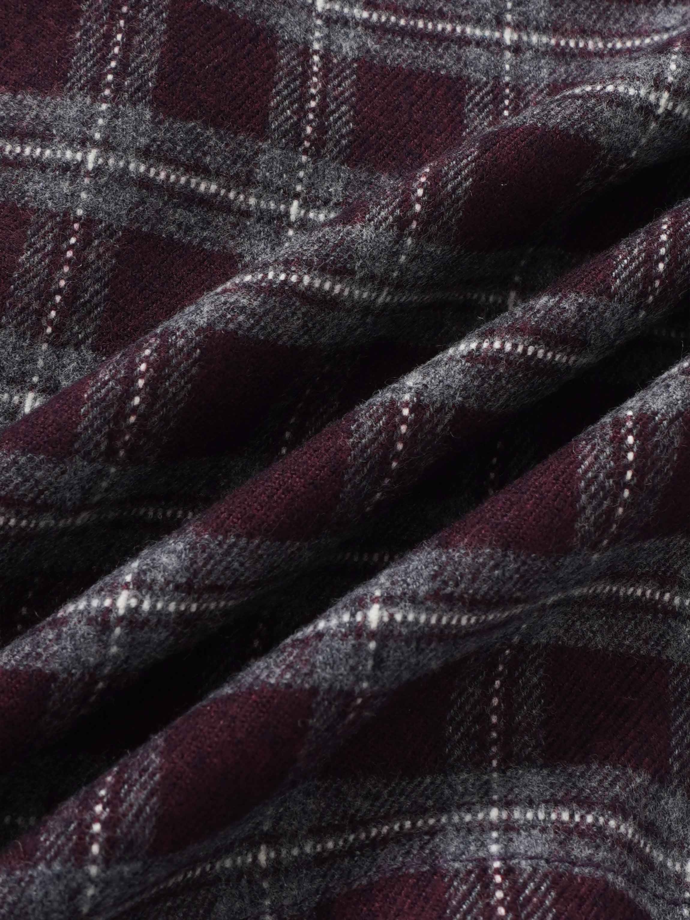 Plaid dress fabric in burgundy with grey and white checks