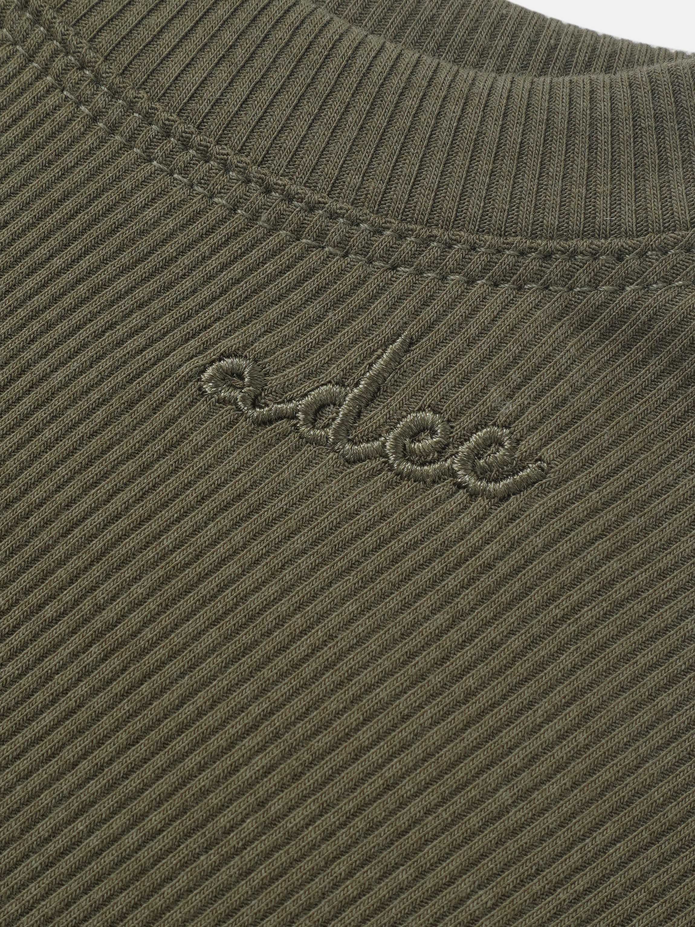 Bomber Set - Olive Green; olive-green ribbed knit fabric with Adee embroidery.