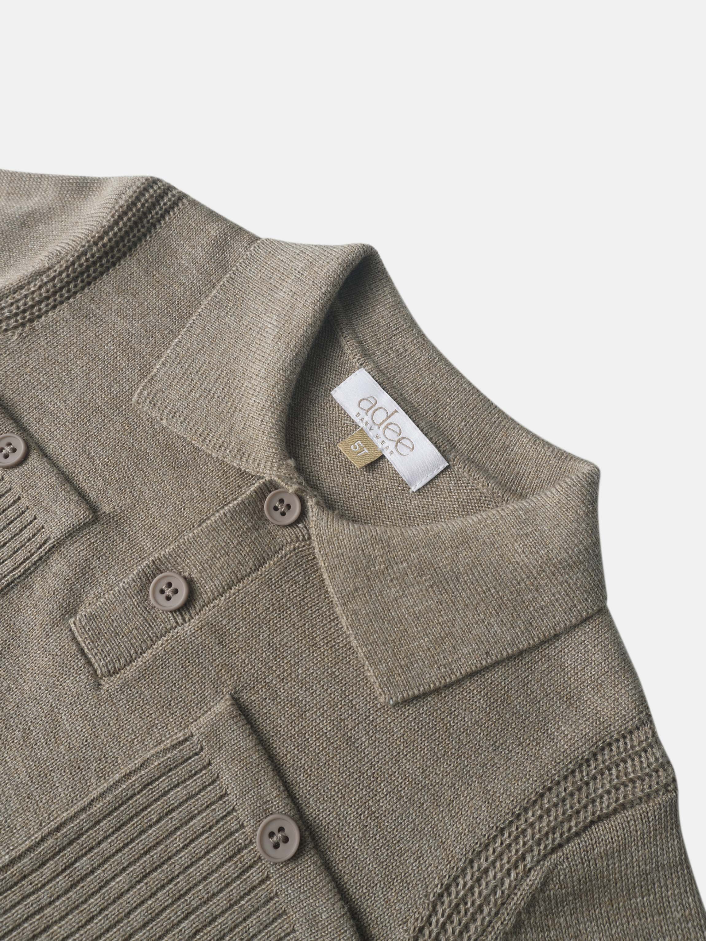 Collared knit sweater for boys in taupe with button placket and ribbed cuffs, by Adee