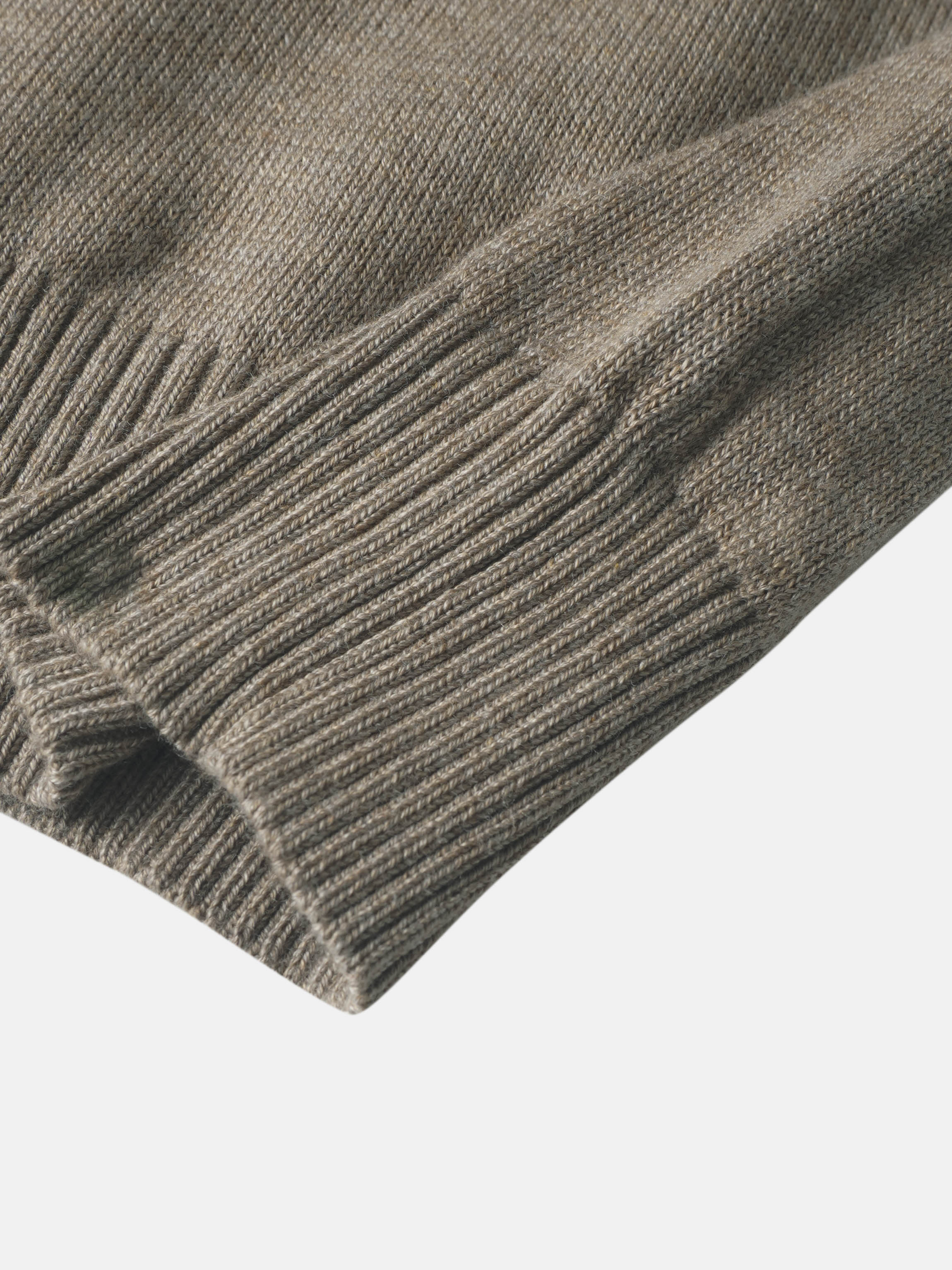 Collared knit sweater in taupe; ribbed cuffs and soft woven fabric texture