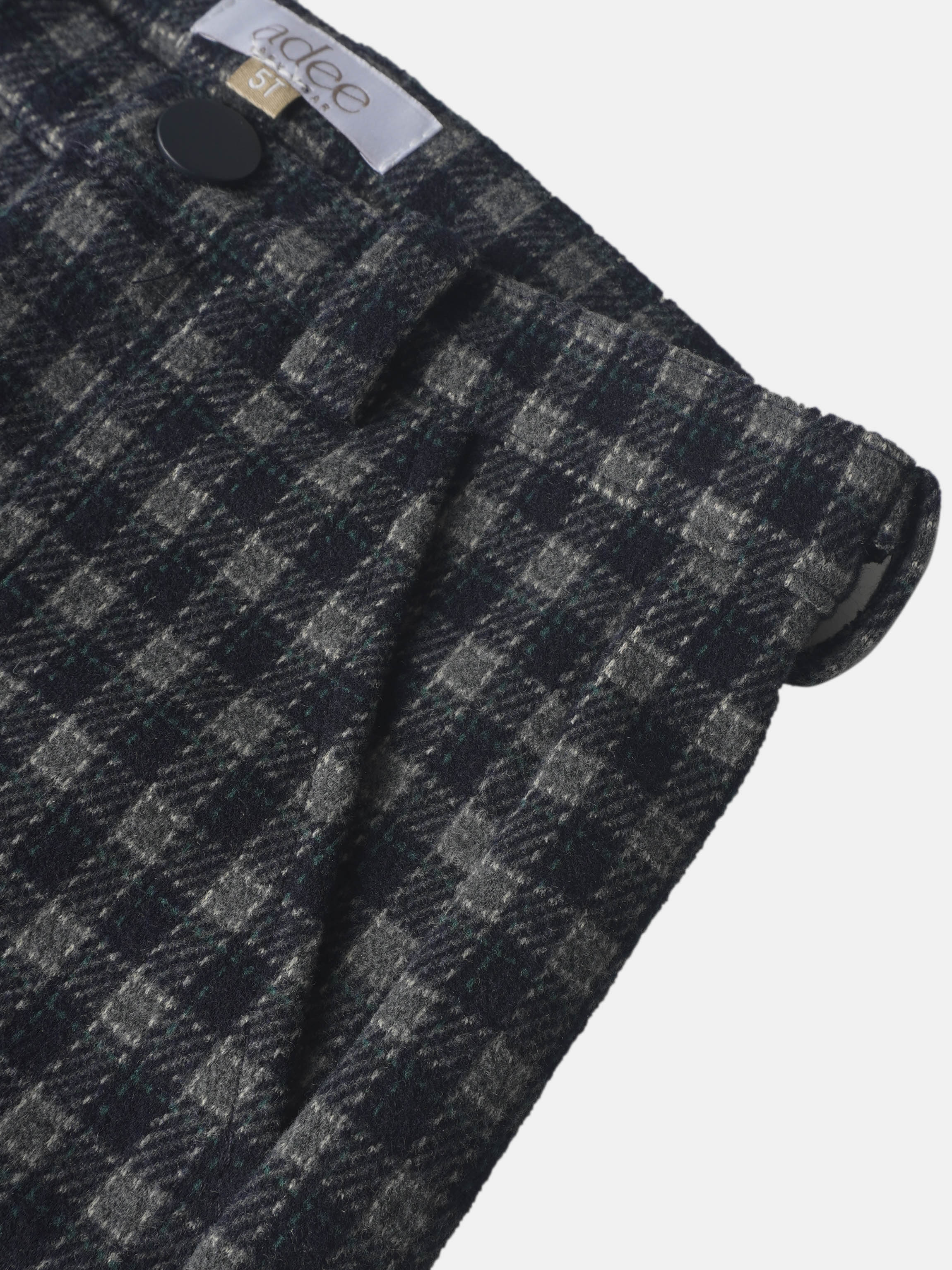 Plaid Pants - Navy by Adee; dressy boys bottoms in dark gray and navy plaid with teal accents, front button.