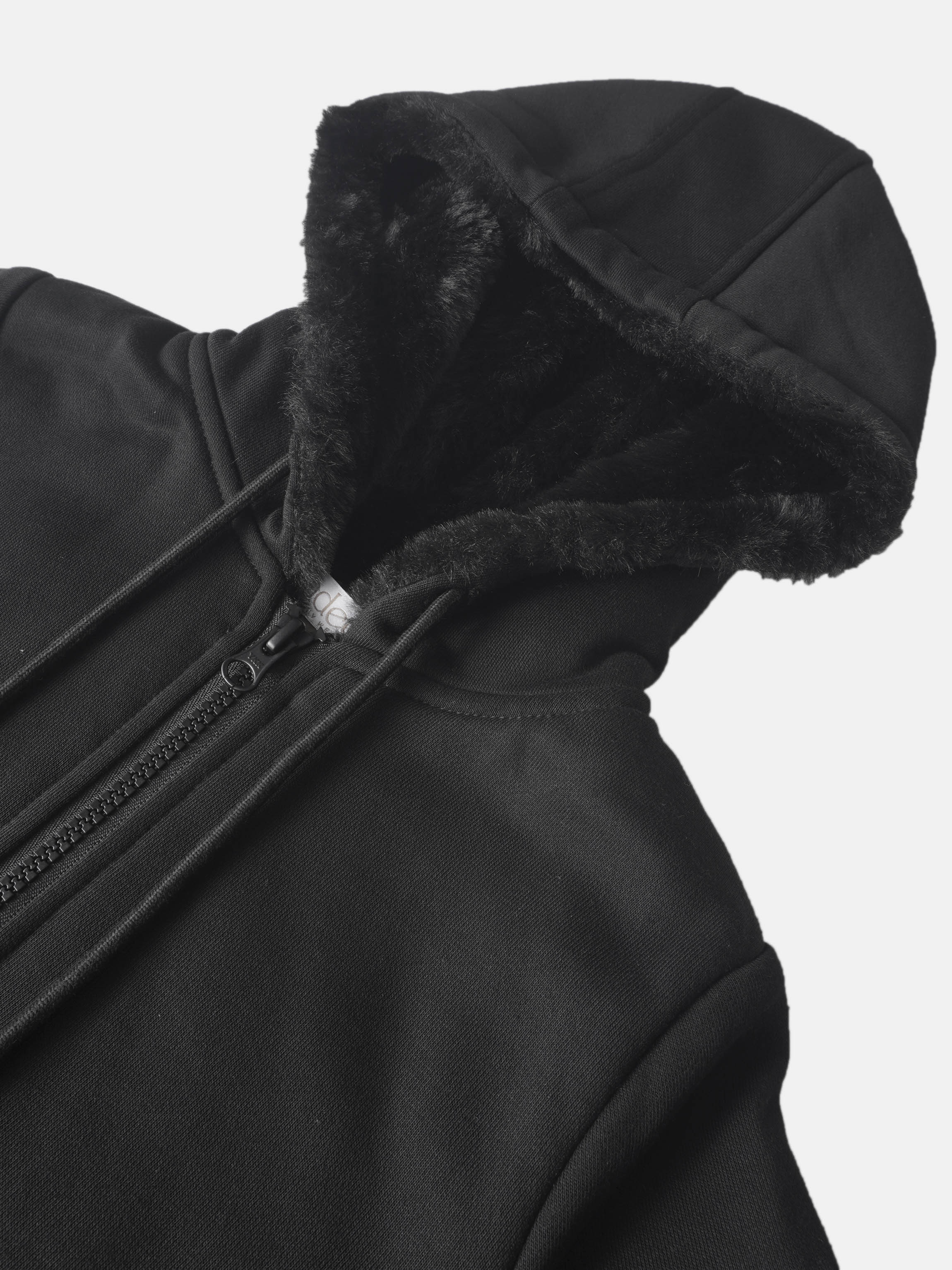 Fur Lined Sweatshirt - Black, Adee unisex top with plush fur-lined hood and zip closure