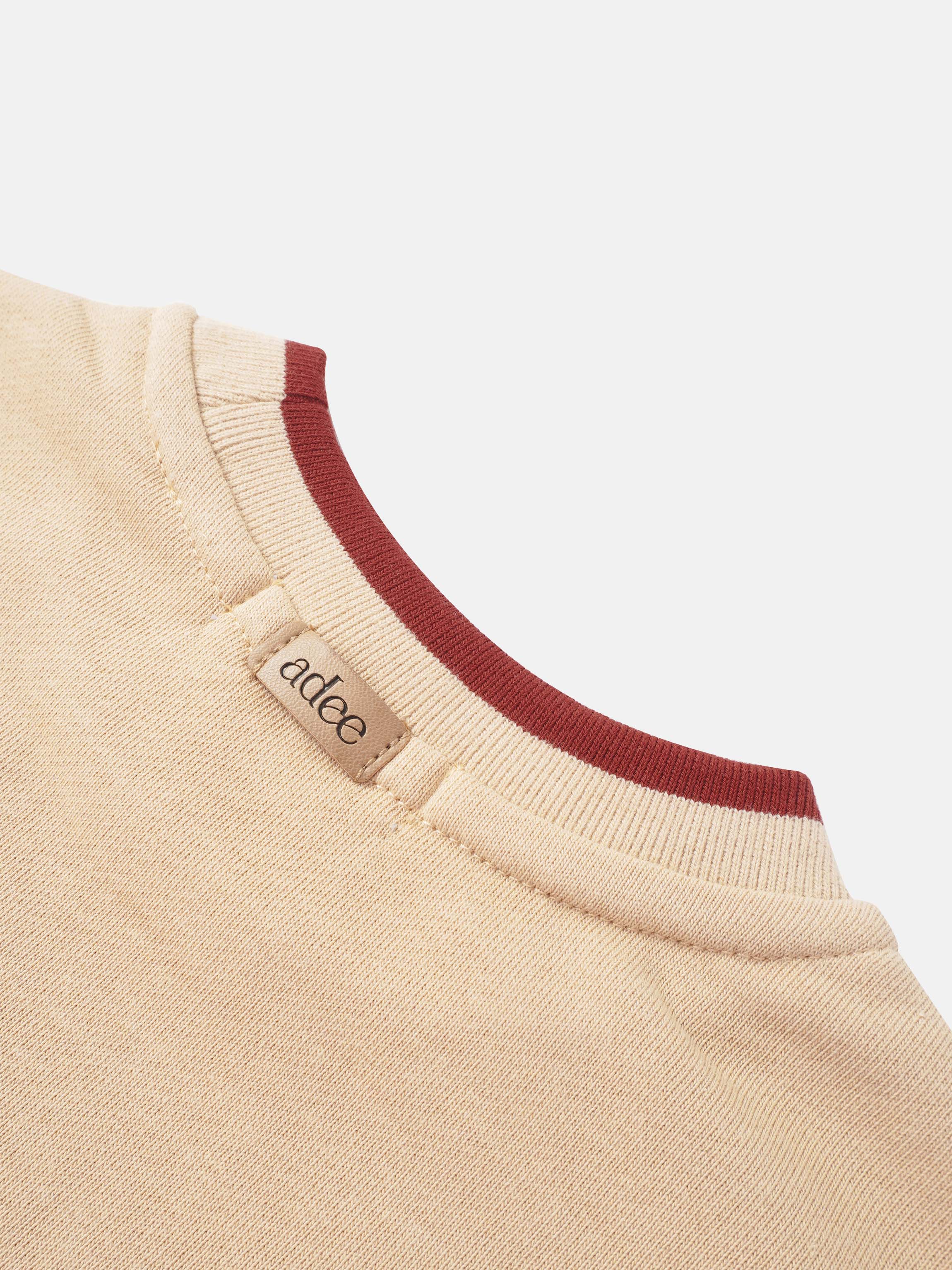 Embroidered Tulip Sweatshirt for girls by Adee; beige knit fabric with burgundy rib collar.