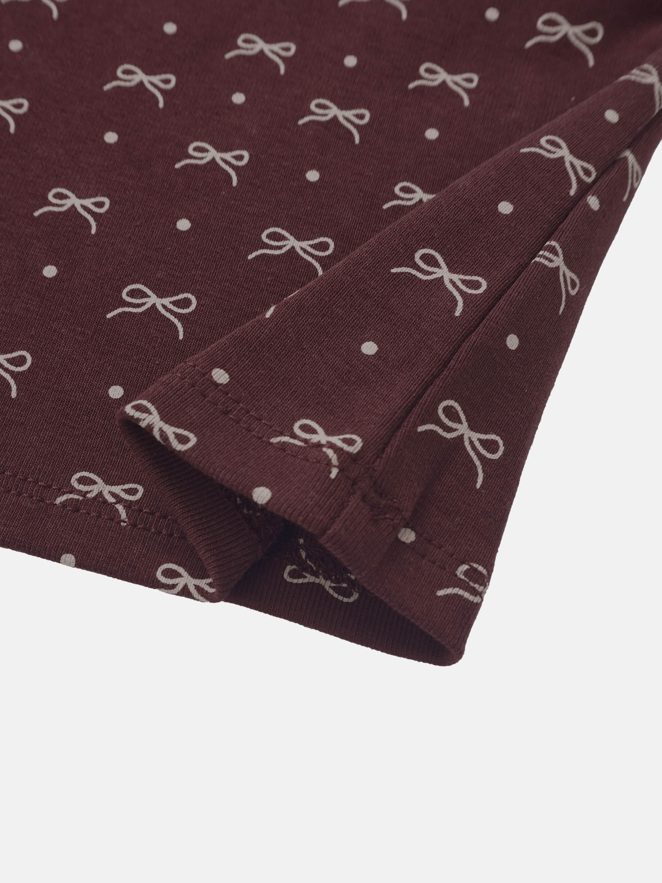 Adee Burgundy Bow Set for little girls; burgundy fabric with white bow print and dots
