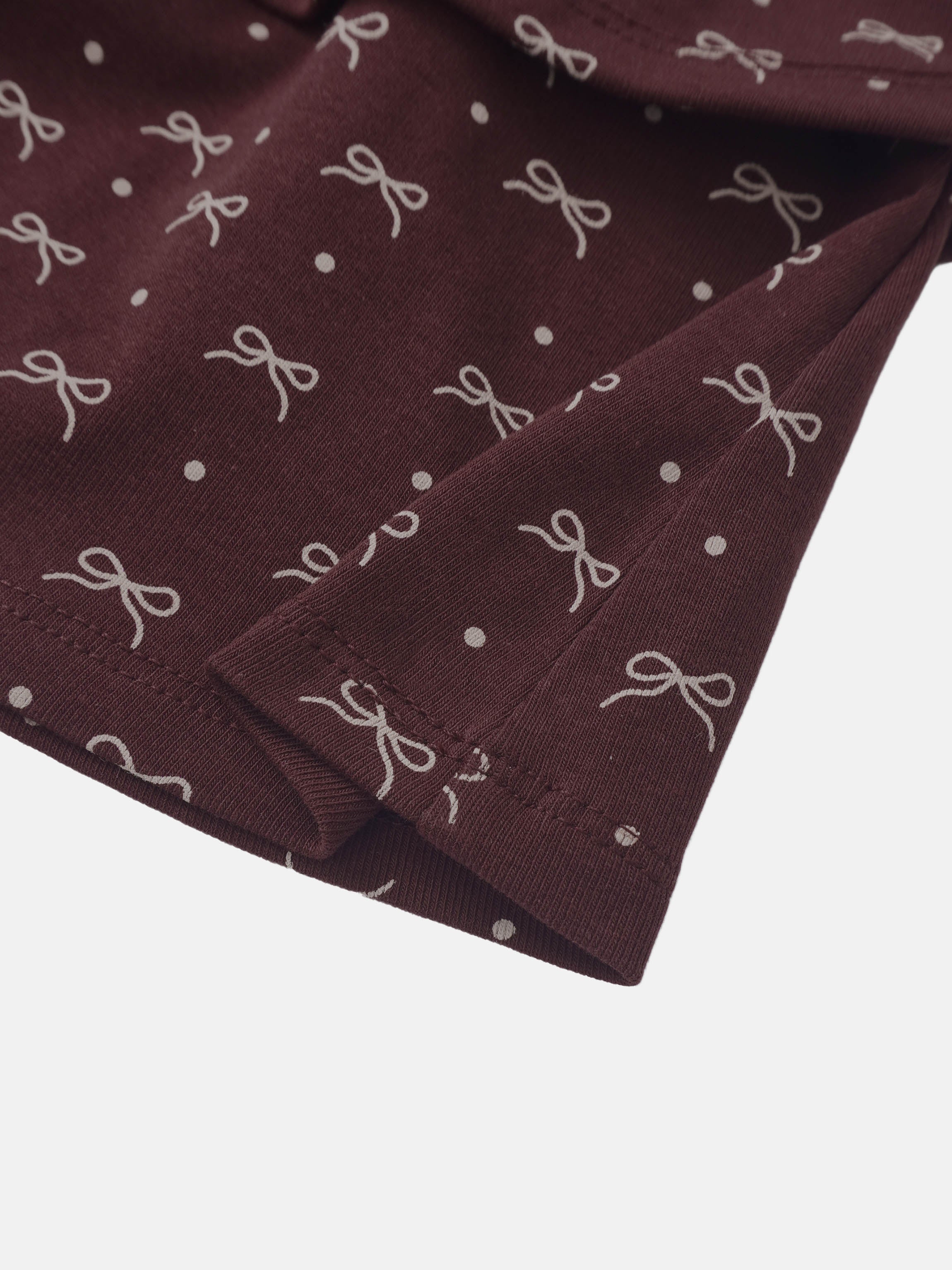 Burgundy bow-layered girls skirt by Adee with white bows and dots