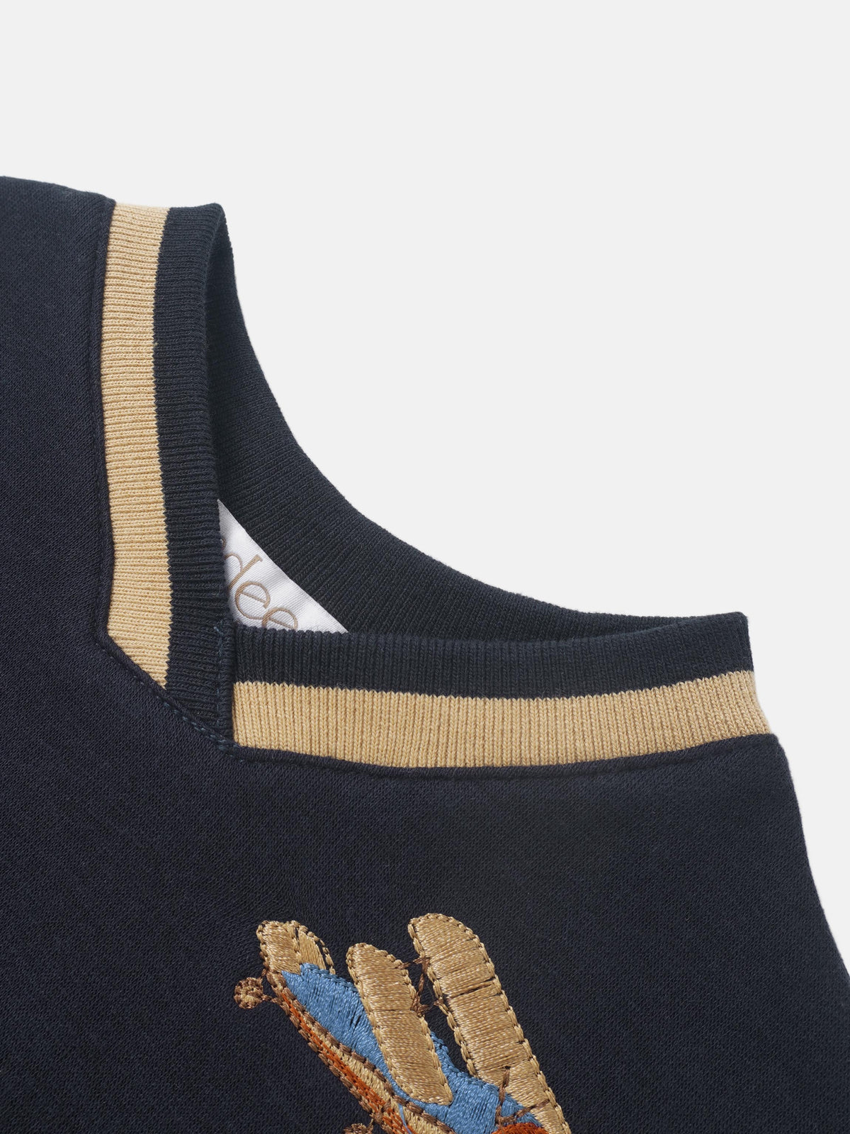 Embroidered Jet Sweatshirt for boys by Adee; navy knit with beige striped collar and shoulder trim, embroidery accent.