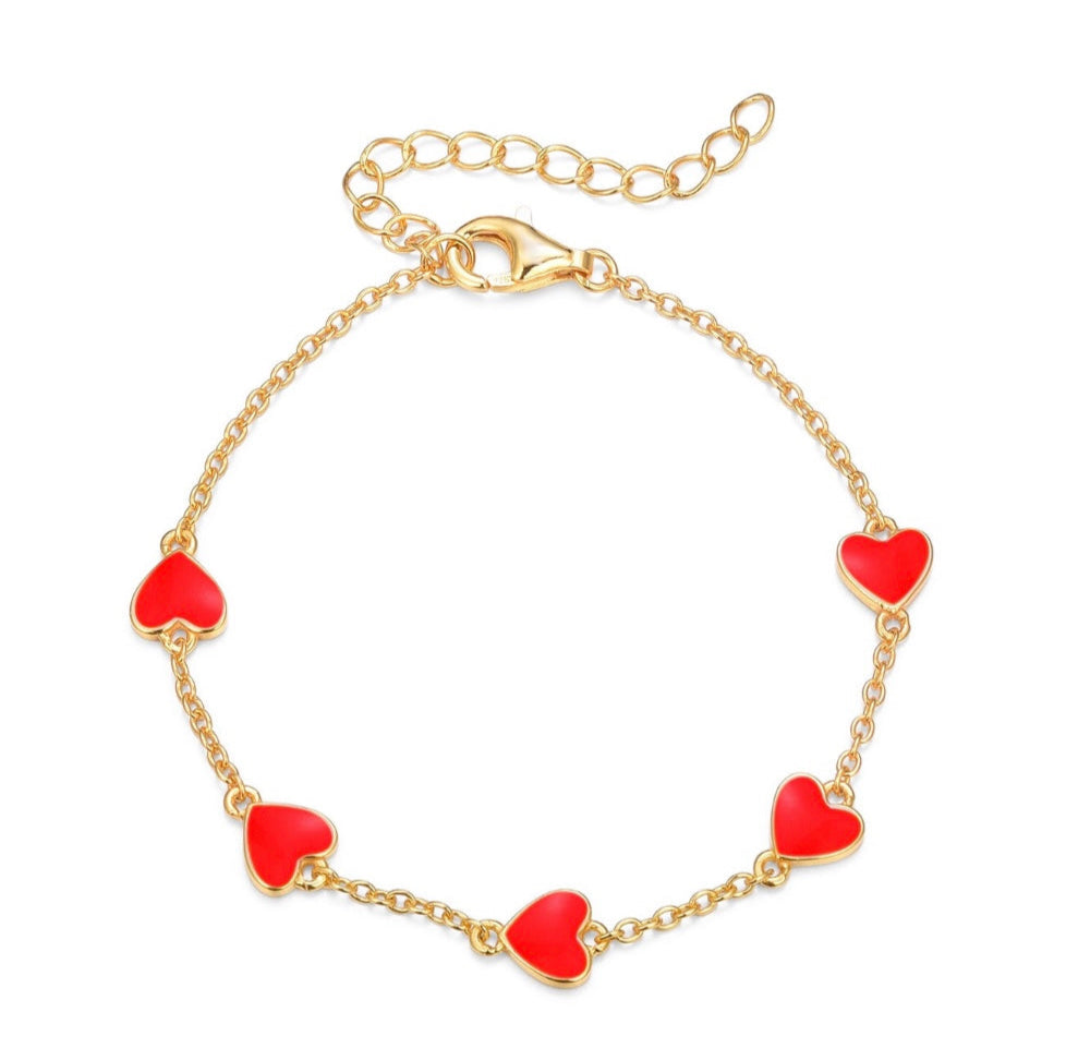 Enamel Heart Charm Bracelet - Red
