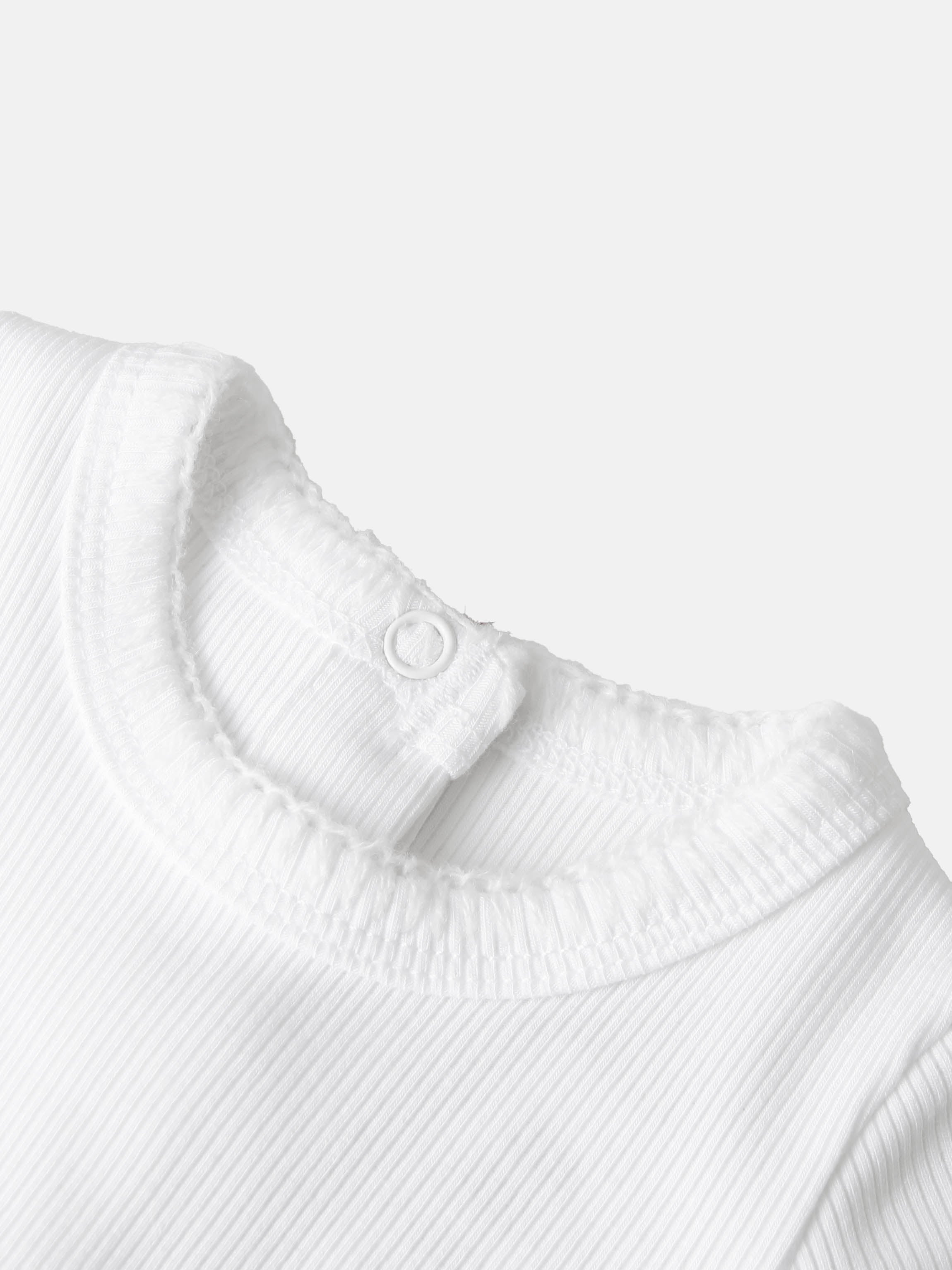 Legacy Stitch White unisex layette set; close-up of white textured fabric with round button.