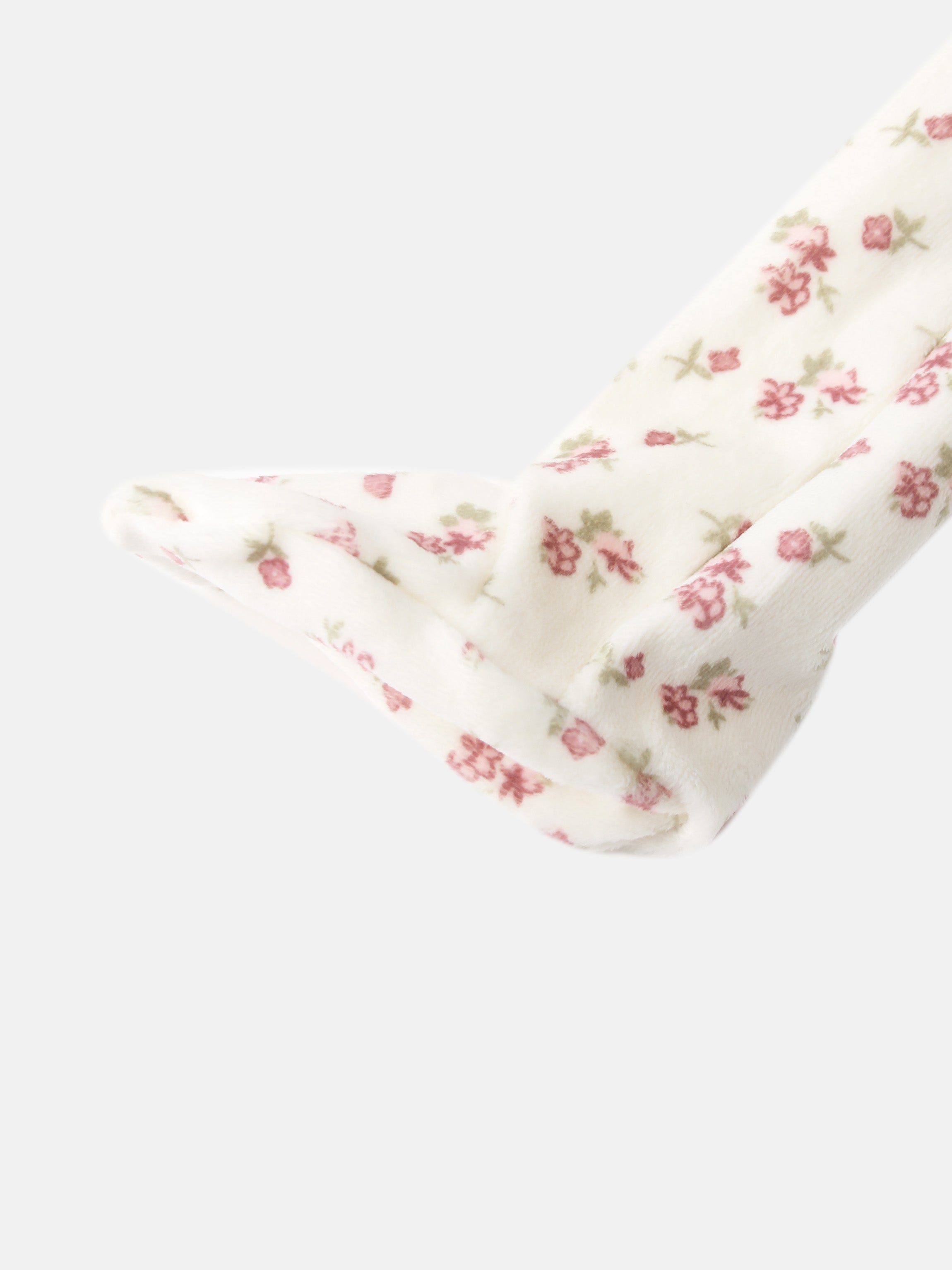 Tiny Blossom Stretchy Girls Stretchies, white fabric with pink floral print.