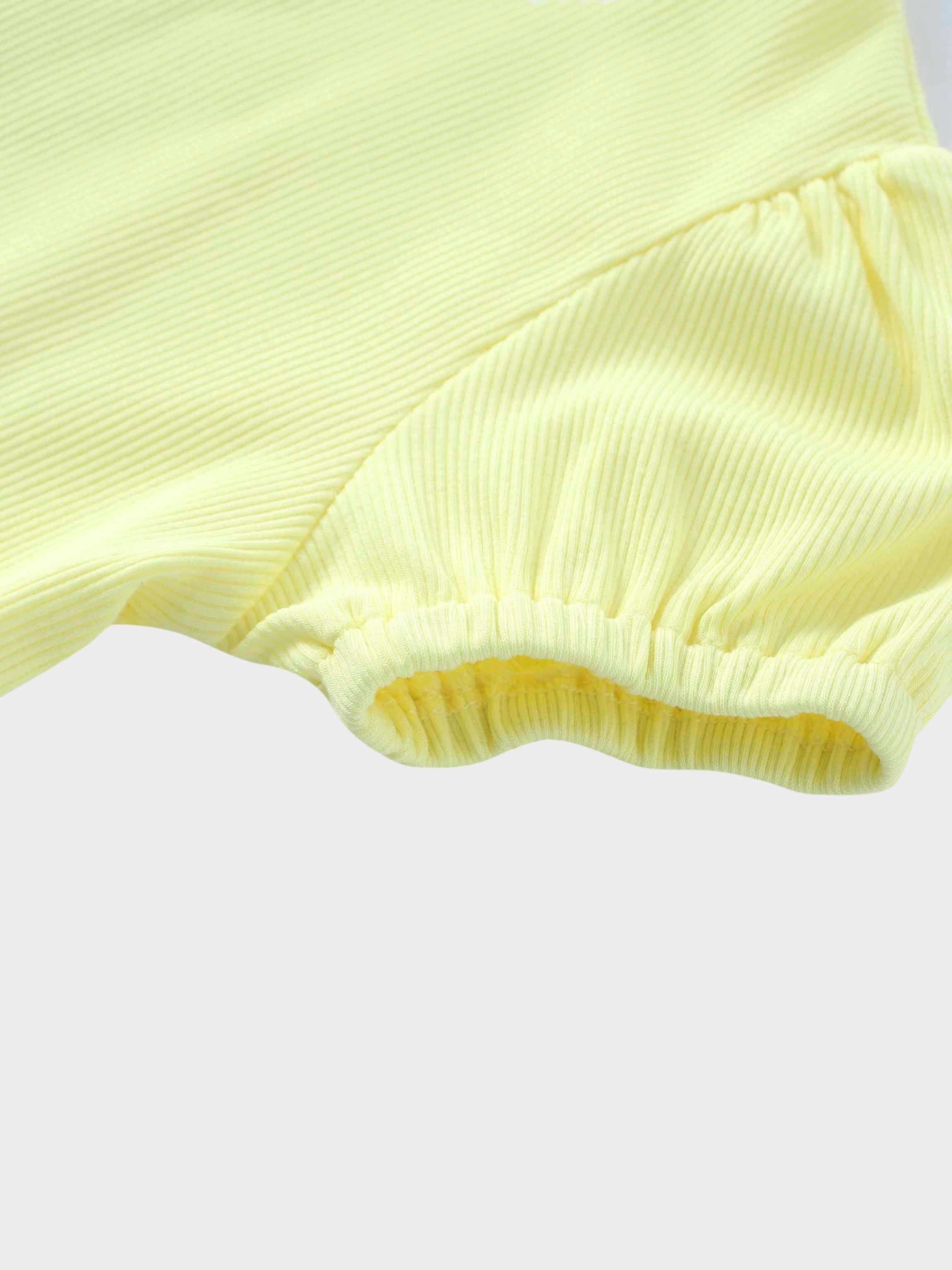 Yellow ribbed bubble sleeve shirt for girls