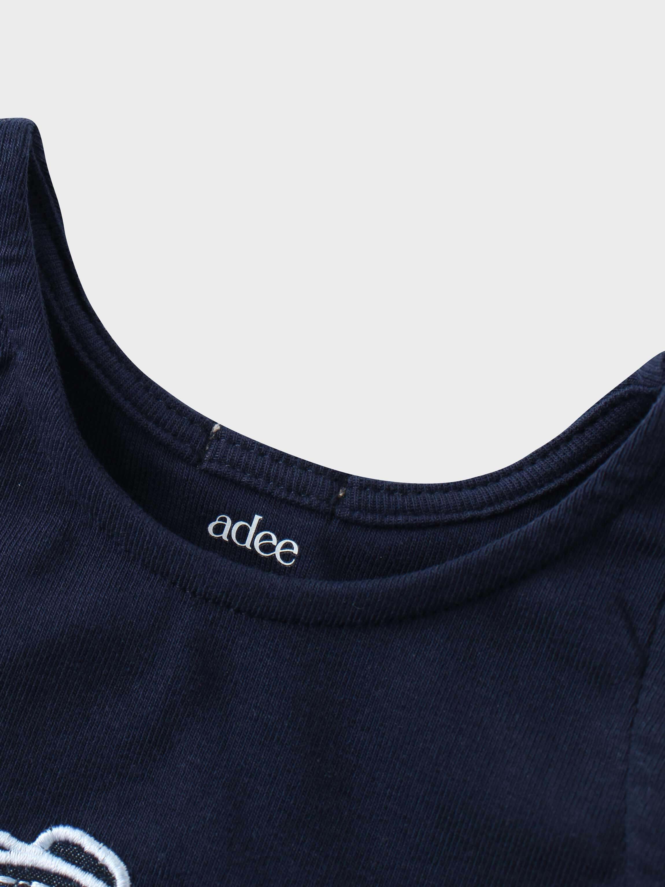 Navy baby romper neckline detail