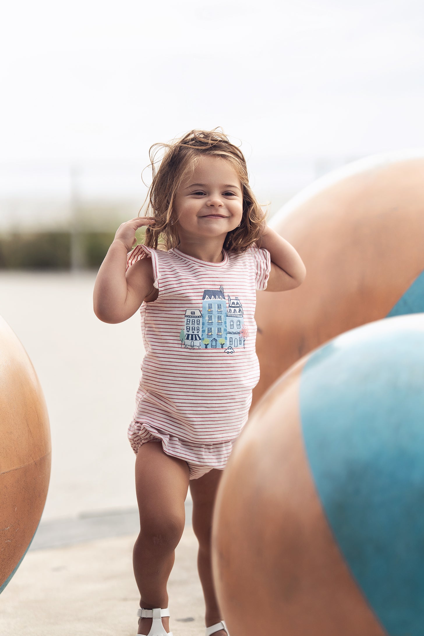 Little Paris Bloomers & Tank Set - Ruffles by Adee; pink striped outfit with cityscape graphic.