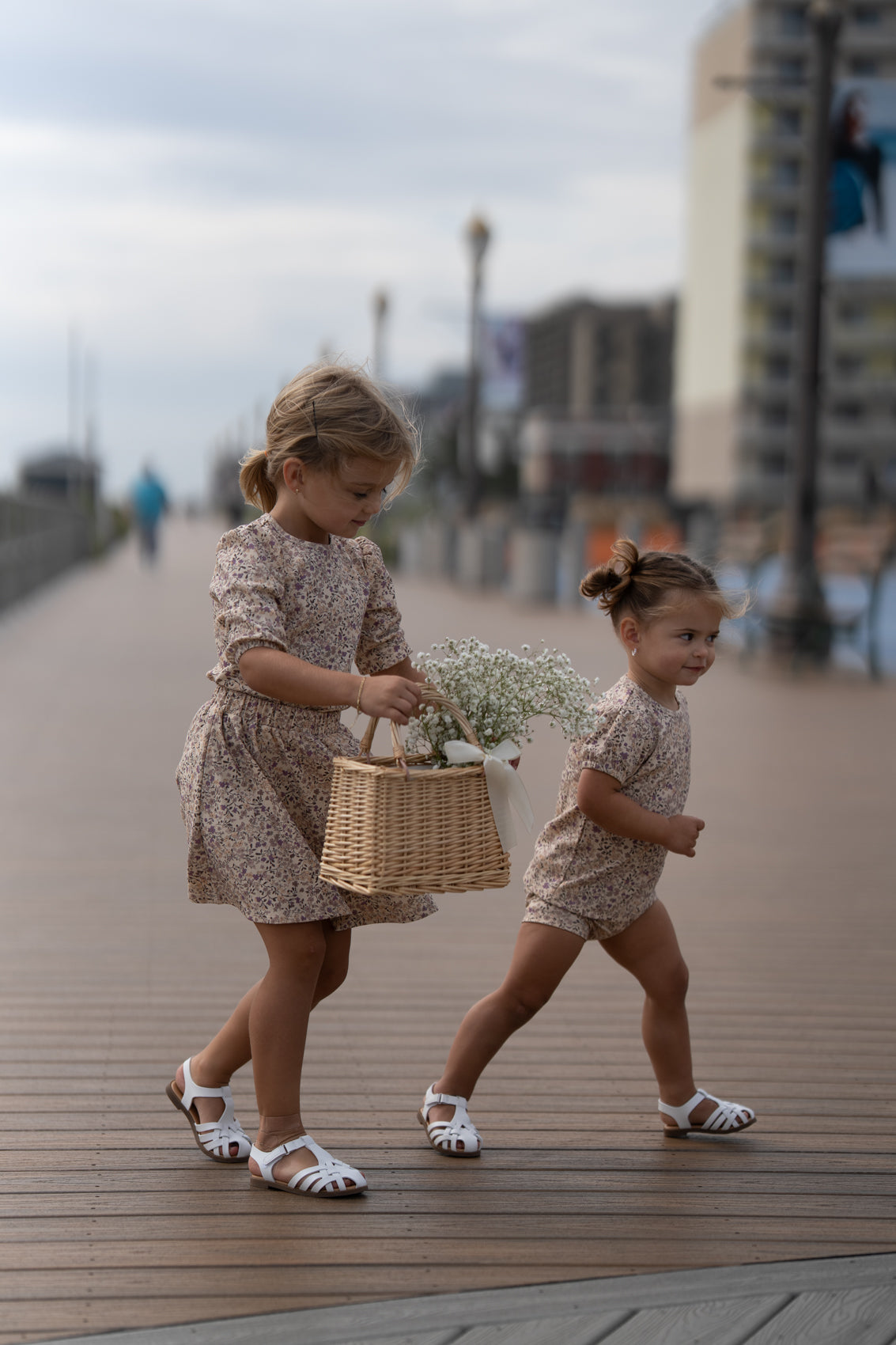 Purple Flower 3/4 Sleeve Shirt for girls, beige floral print; worn by two kids