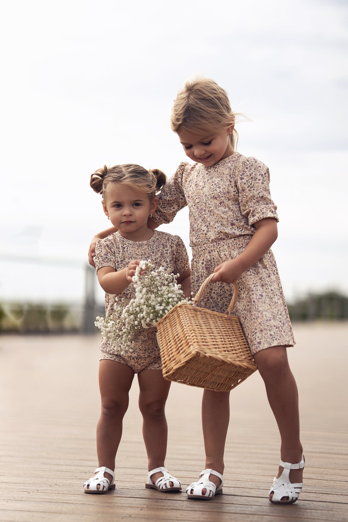 Purple Flower Short Sleeve Shirt for girls by Adee; two matching floral tops worn by kids
