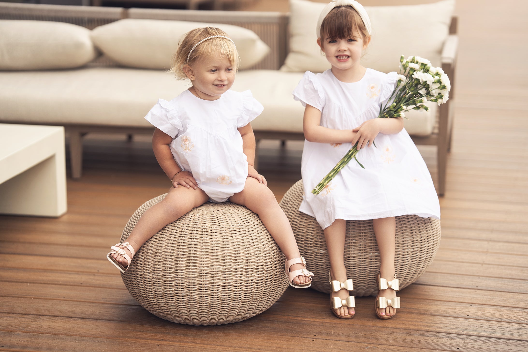 Adee Embroidered Flower Dress Short Sleeve, white with peach embroidery worn by two young girls