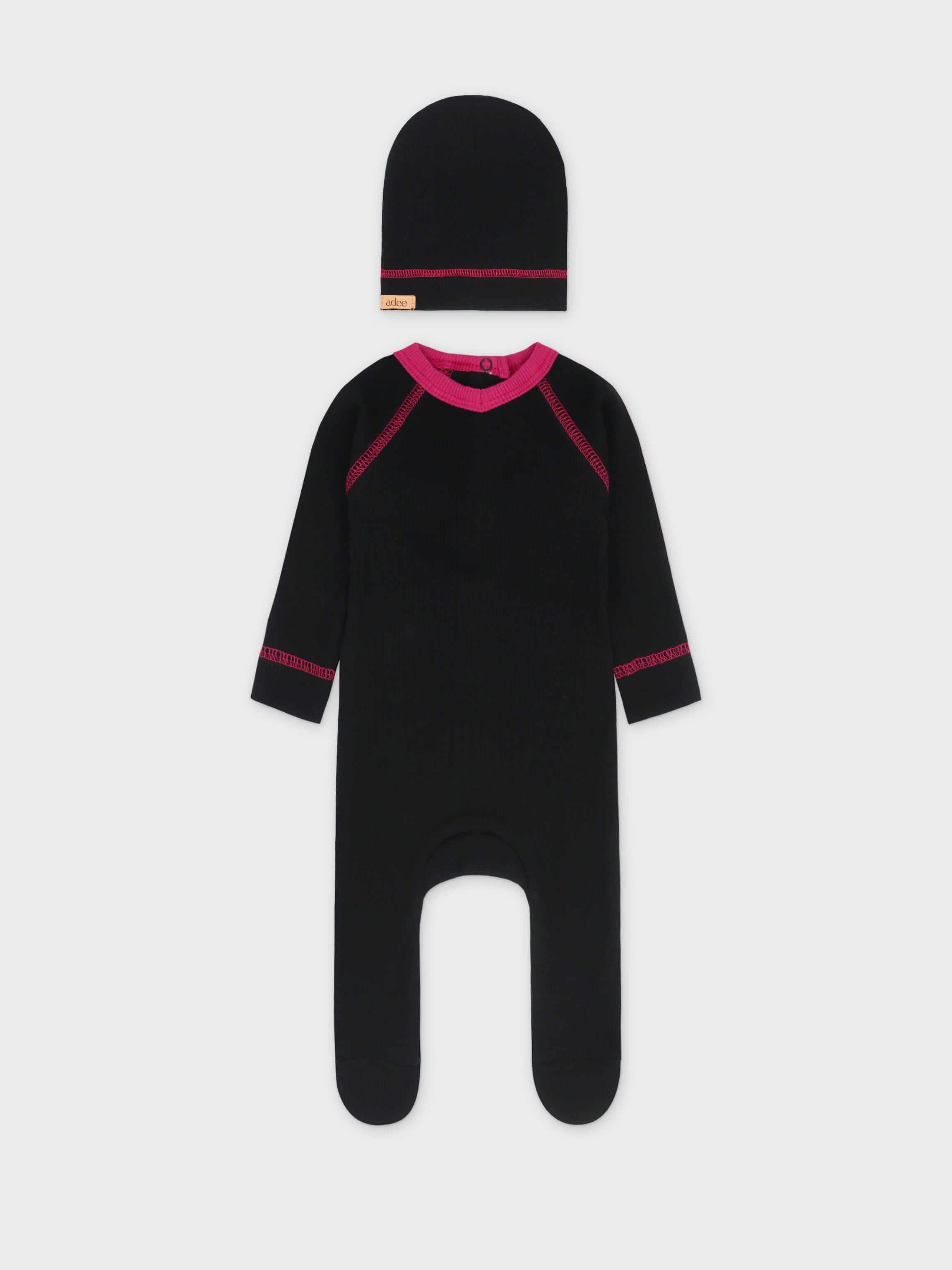 Baby jumpsuit with pink V-neck