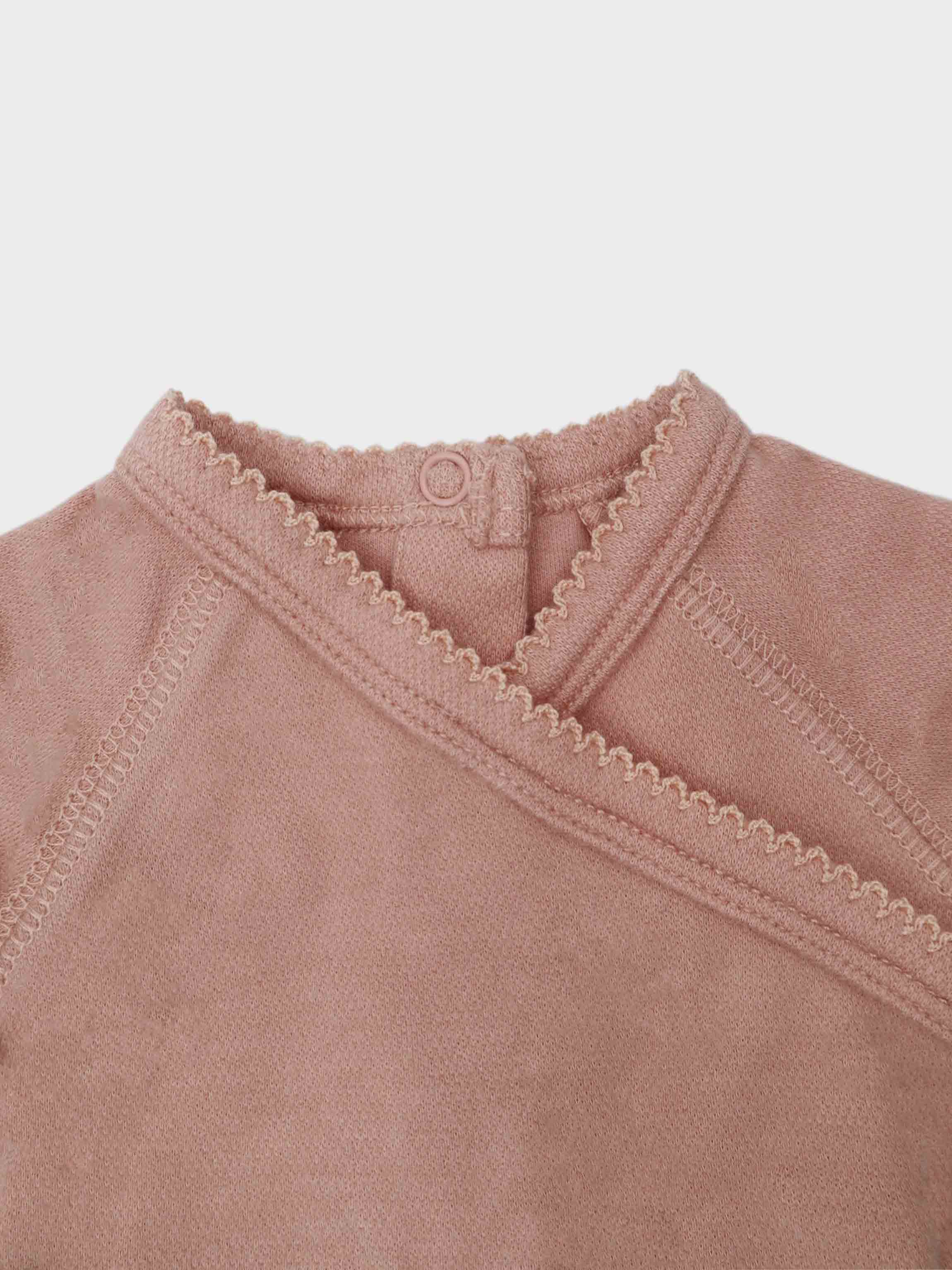 Crossover Twill Stretchy & Bonnet-Pink girls stretchies by Adee in pink with scalloped neckline trim