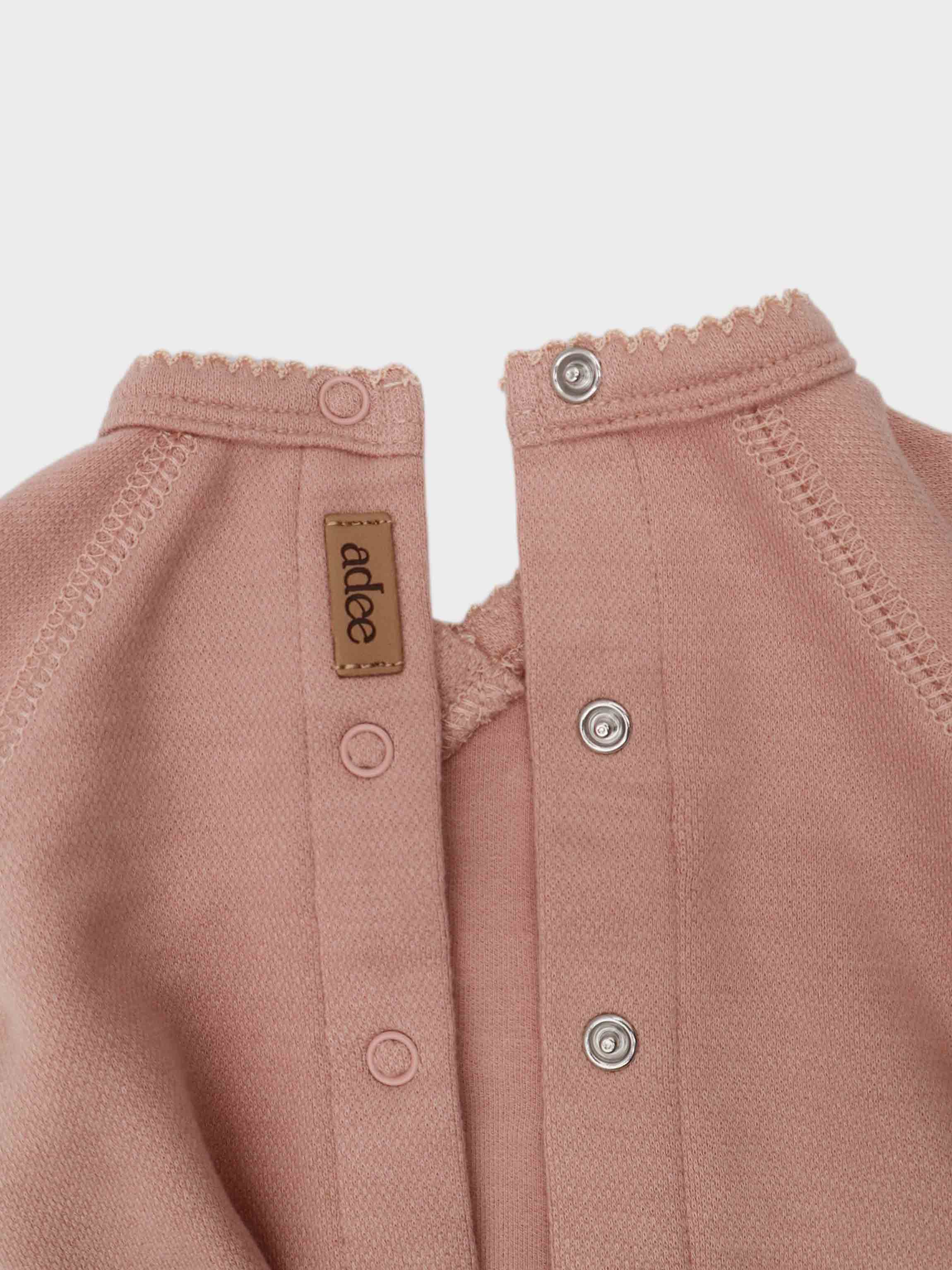 Crossover Twill Stretchy Bonnet-Pink Adee girls stretchies with bonnet-style collar and snap closures