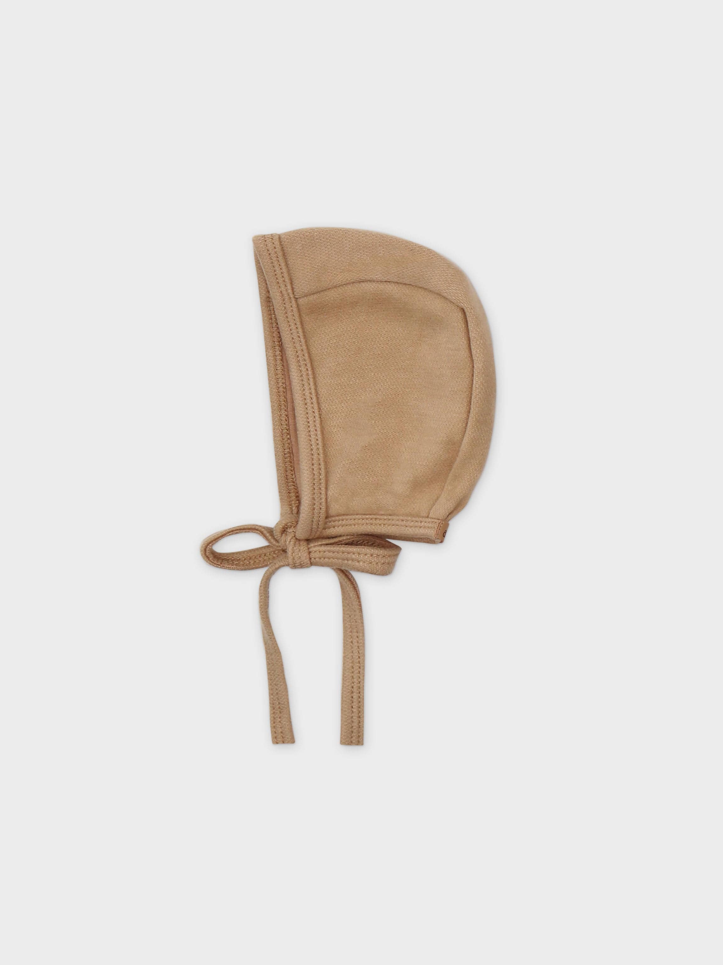 Bonnet in taupe stretch twill fabric with long ties