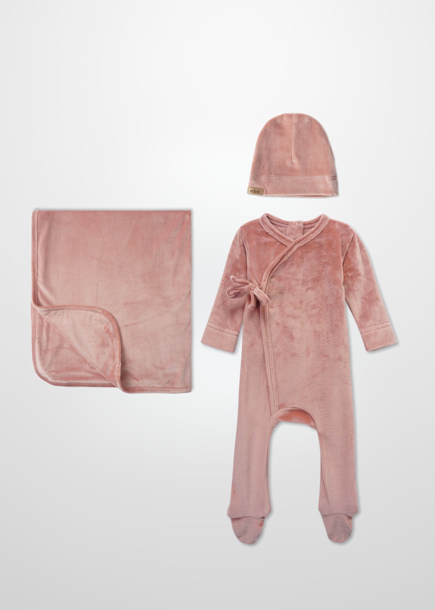 Adee Velour Crossover Pink layette set, 4-piece: hat, blanket, robe, and footed romper