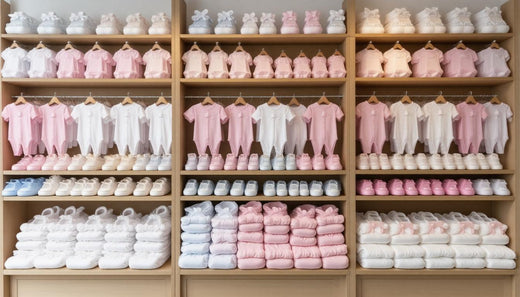 A variety of pastel baby layette sets including onesies and booties arranged neatly on shelves.