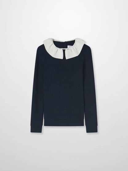 Ruffle Collar Knit Sweater - Navy by Adee; girls&